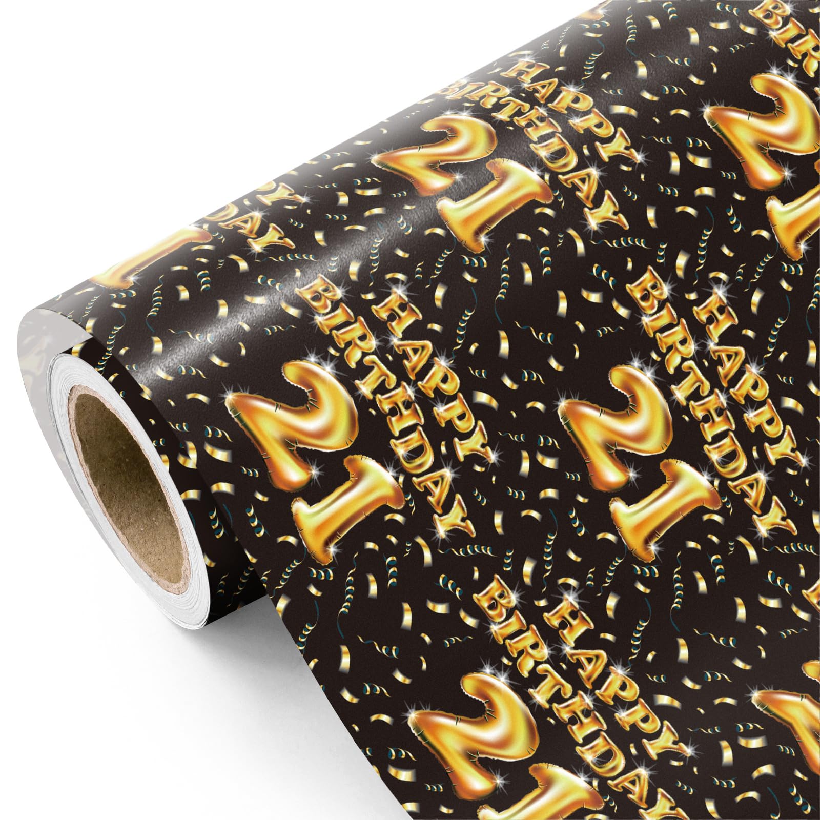 WRAPAHOLIC 21st Birthday Wrapping Paper Roll - Mini Roll - 17 Inch x 16.5 Feet - Black and Gold Balloons Happy Birthday Wrapping Paper Perfect for Man, Party, Holiday