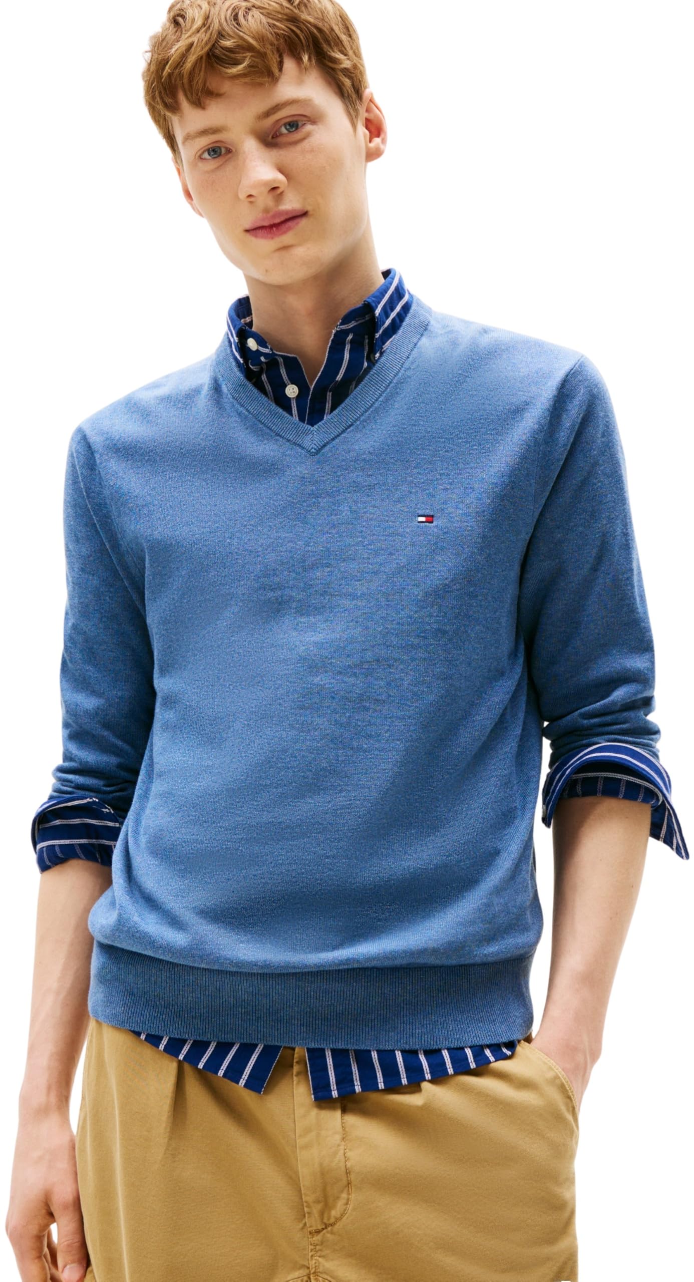 Tommy Hilfiger Men’s Essential Cotton V-Neck Jumper, Blue (Petrol Blue Heather), S