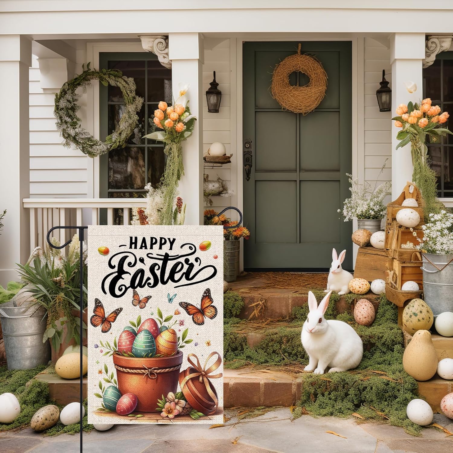 Happy Easter Garden Flag 12x18 Inch Double Sided Outside Easter Eggs Butterfly Flower Yard Holiday Decoration Flag - Image 2