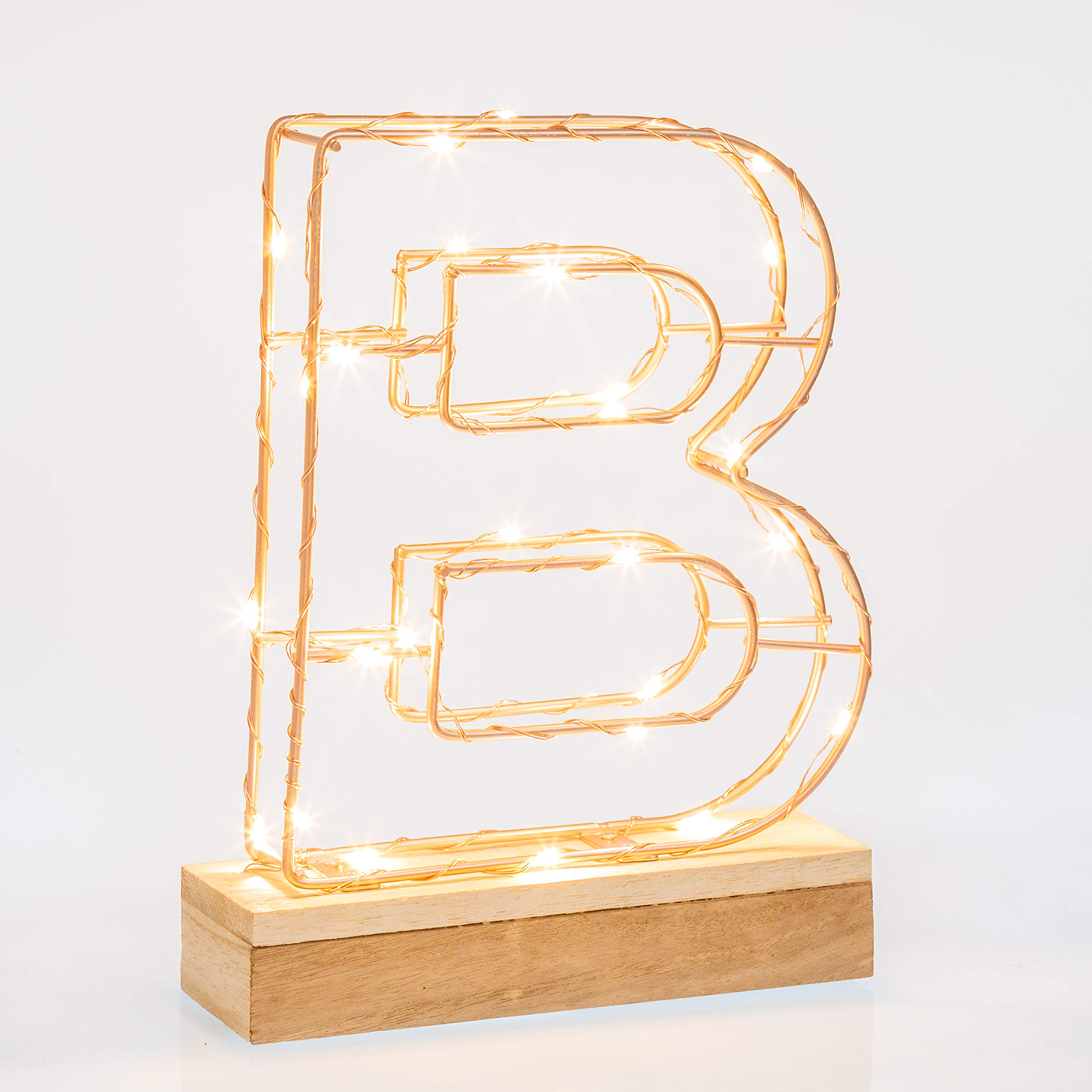 Light Up Letter B | LED Alphabet Wire Frame Letter Lights | Rose Gold Copper Initials | Personalised Lighting | Battery Powered | Office Living Room Bedroom