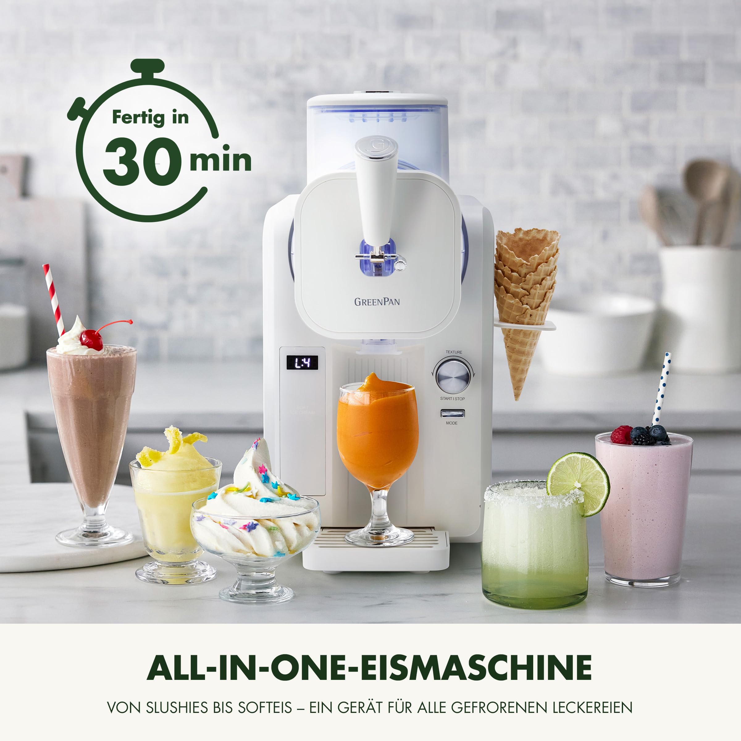 GreenPan Frost Eismaschine & Slushie-Maschine, Softeis, Sorbet, Margaritas, Milchshakes, Gefrorener Joghurt, Kein Vorfrieren, Fertig in 15 Minuten, 6 Modi,7 Texturen,Selbstreinigend,Familiengröße,Weiß