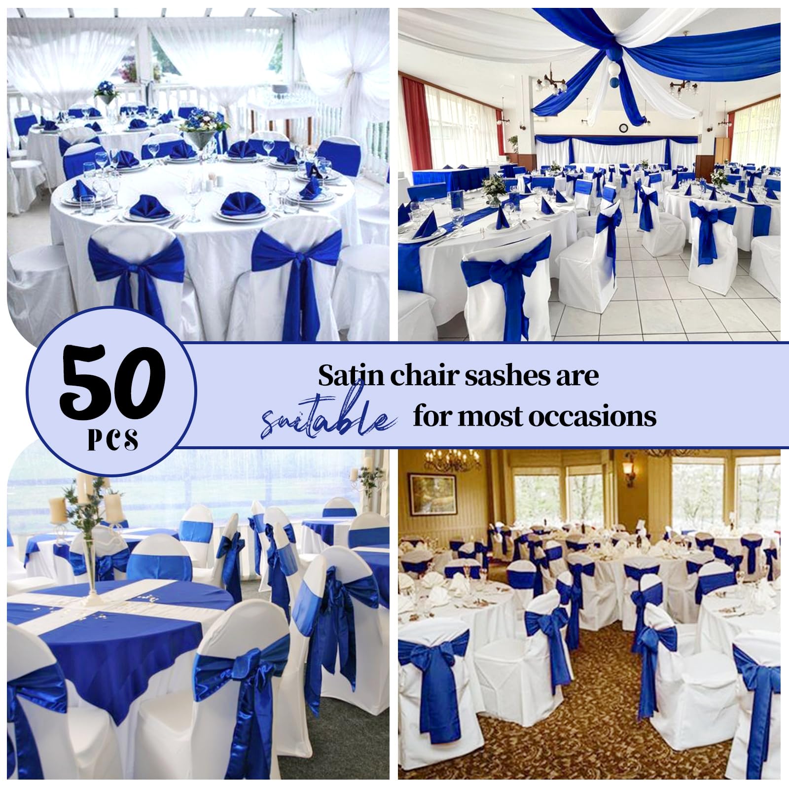Pesonlook Lot de 50 rubans de chaise en satin pour décoration de fête de mariage, hôtel - 17 x 275 cm - Bleu roi