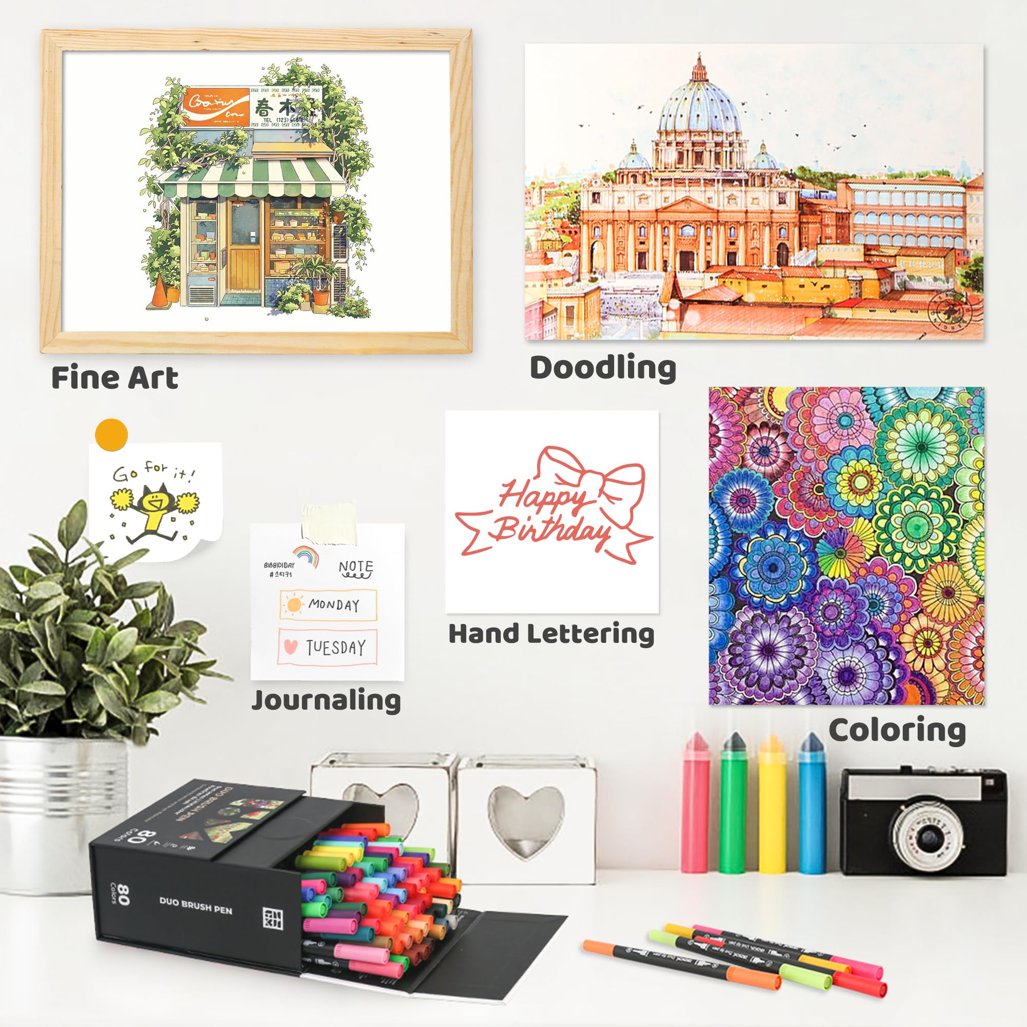 ZSCM - 80 pennarelli colorati per libri da colorare per adulti, senza sanguinamento, penne a doppia punta, pennarelli da colorare a punta fine e a pennello, per calligrafia per adulti, illustrazione
