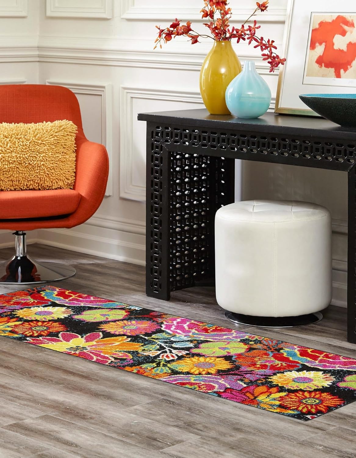 Rugs.com Tuscany Collection Rug – 4 Ft Runner Black Medium-Pile Rug Perfect for Hallways, Entryways