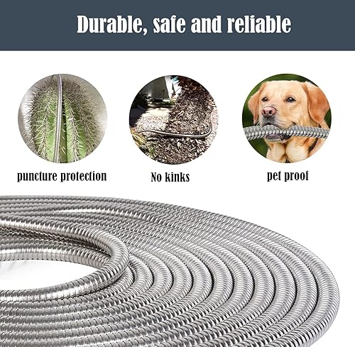 Miniatura 6 de Manguera de jardín de metal de 25 pies con accesorios de conector de aluminio de 34 pulgadas, manguera de jardín de acero inoxidable expandible de