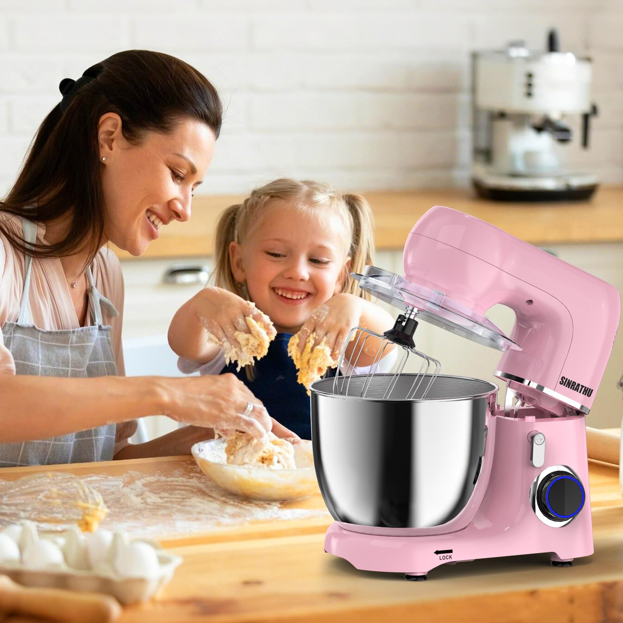 Sinrathu New 6.5QT 10-Speed Tilt-Head Electric Kitchen Stand Mixer with Dishwasher-Safe Dough Hook, Egg Whisk, Cake and Most (Sakura Pink)