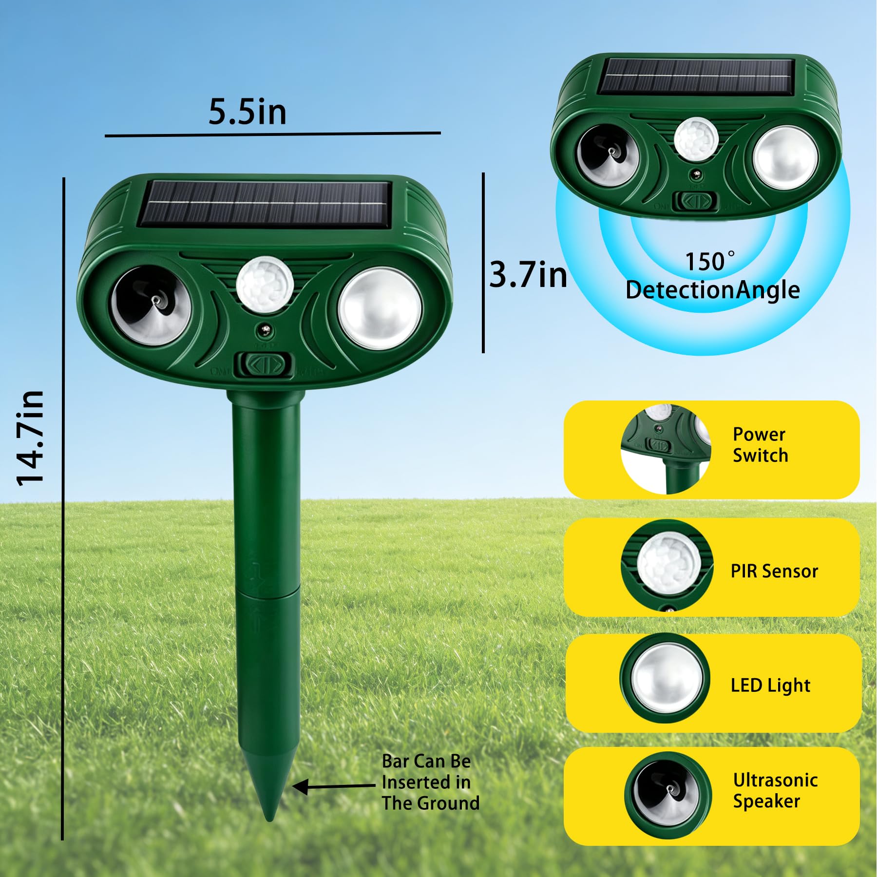2026 Nouveau répulsif intelligent à ultrasons à ultrasons - Détecteur de mouvement + lumières stroboscopiques clignotantes - Répulsif extérieur étanche pour cerfs, chats, lapins, écureuils, chiens