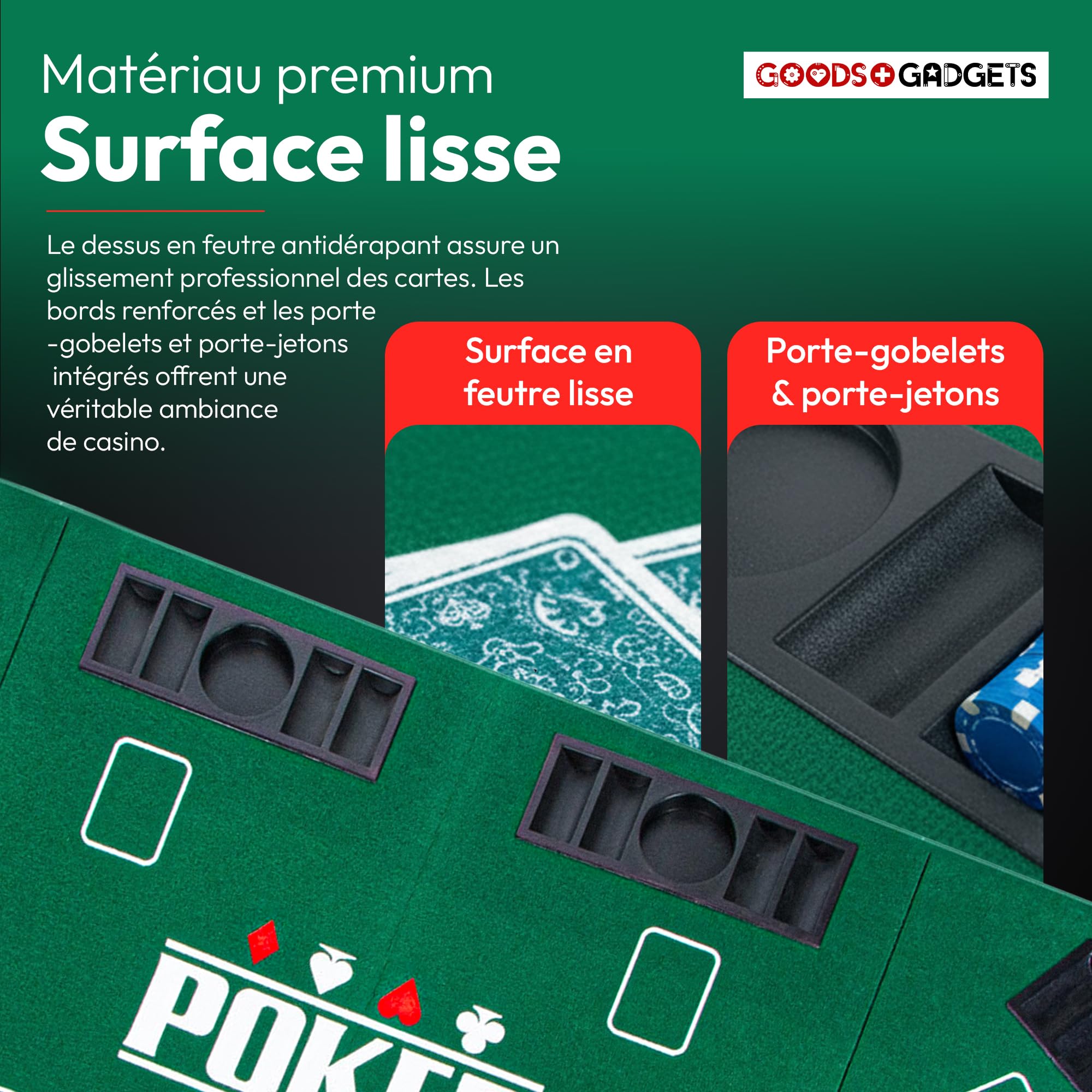 GOODS+GADGETS® Tapis de Poker XXL 160x80 cm Pliable - 8 Joueurs | Tapis de table poker en feutre haute qualité - porte-gobelets intégrés - Texas Hold'em - pliable 80x40 cm