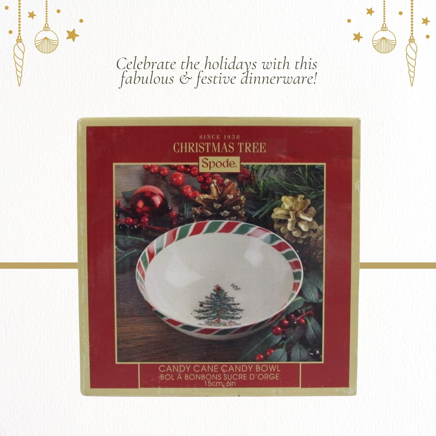 Spode Christmas Tree Candy Cane Candy Bowl, 6" Festive Holiday Bowl with Christmas Tree Design - Microwave, Freezer, Dishwasher Safe - Earthenware Serveware for Snacks and Desserts