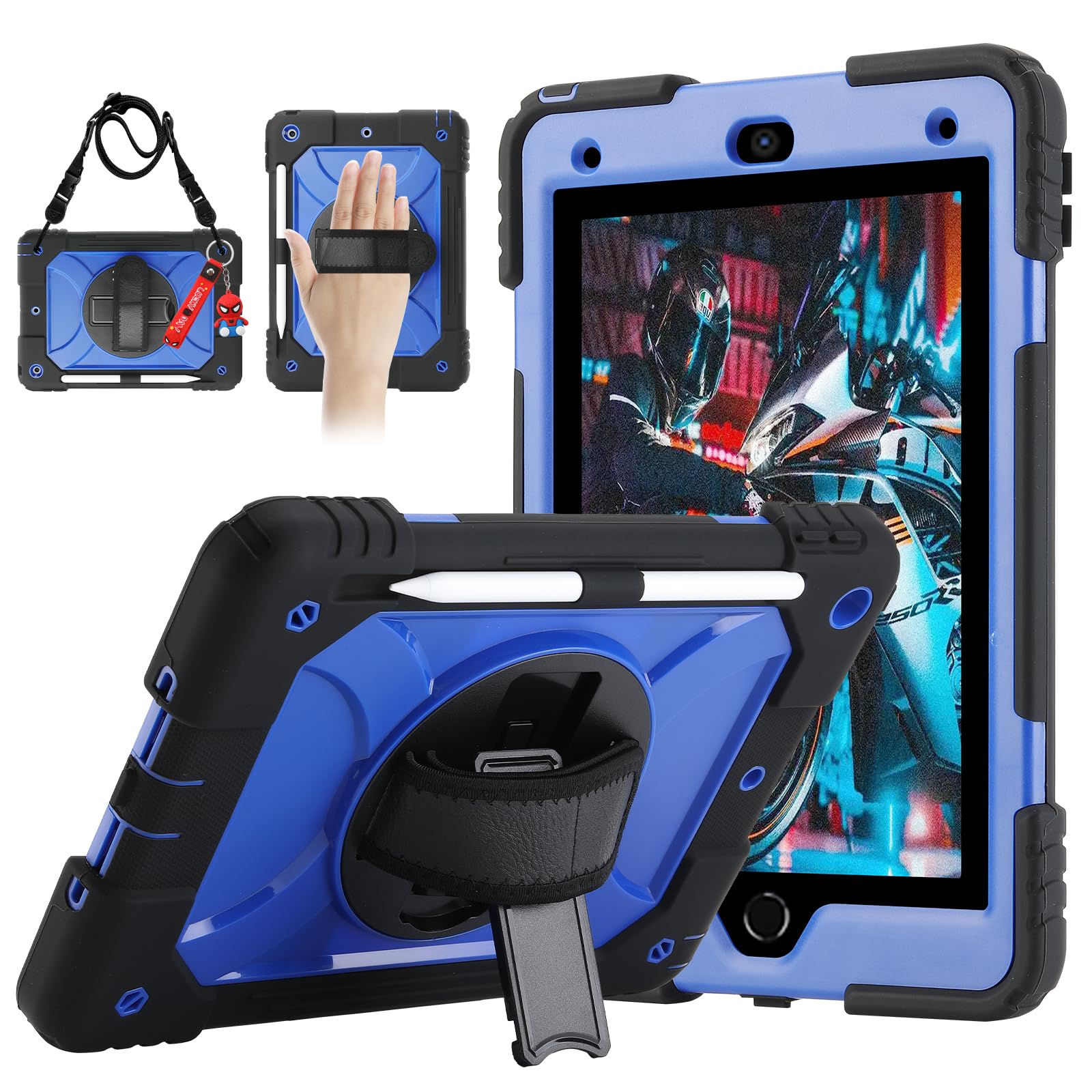 for iPad 9th/8th/7th Generation Case,iPad 10.2 Case 2021/2020/2019, with Cute Key Chain, Rugged Protective Case with 360°Rotating Stand & Shoulder