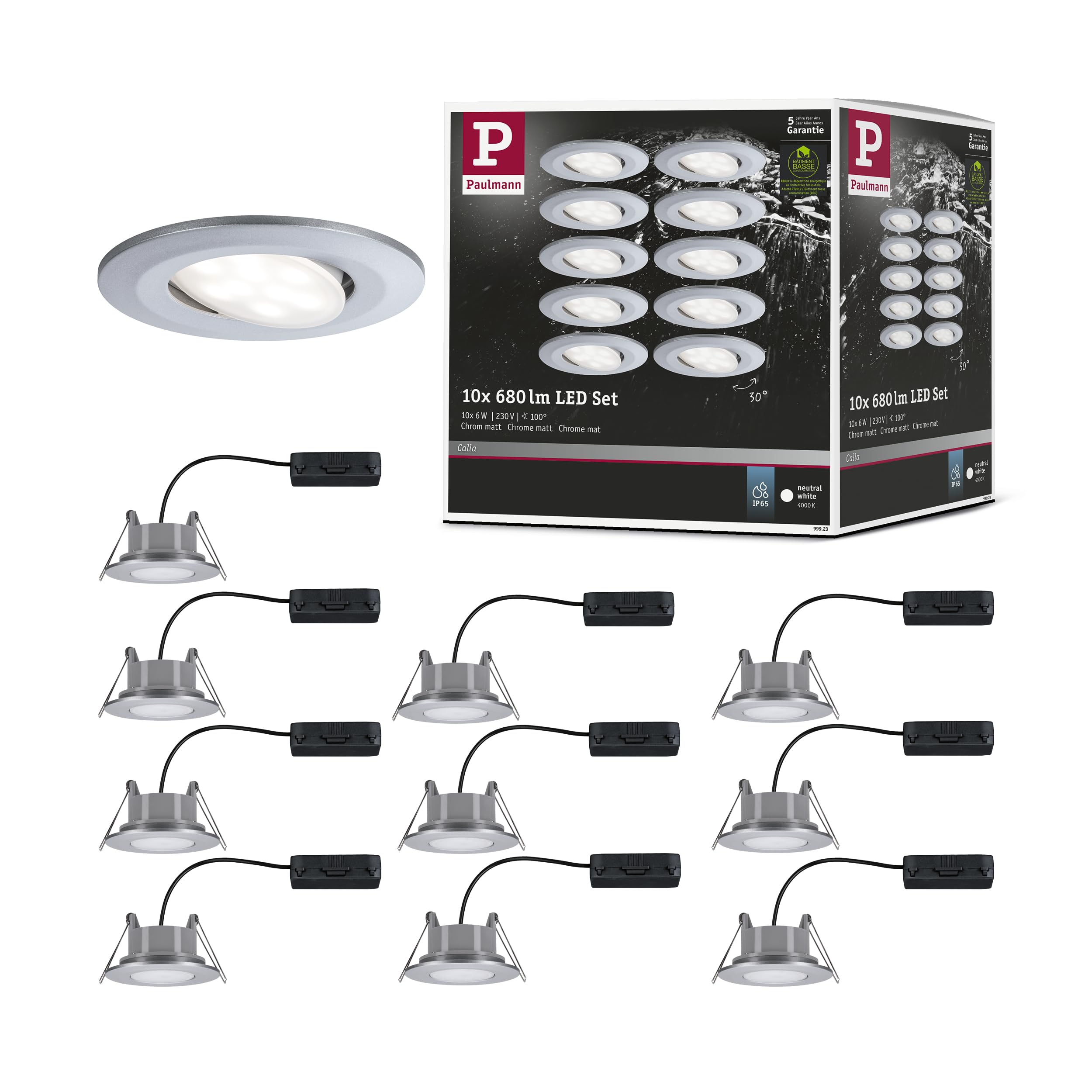 Paulmann 99923 Calla Round LED Spotlights kit of 10 INCL. 10x6W IP65  spotlights Chrome Matt Flash cabinet plast. lamp enc. 4000K, Material, 60 W  : Amazon.com.be: Tools & Home Improvement