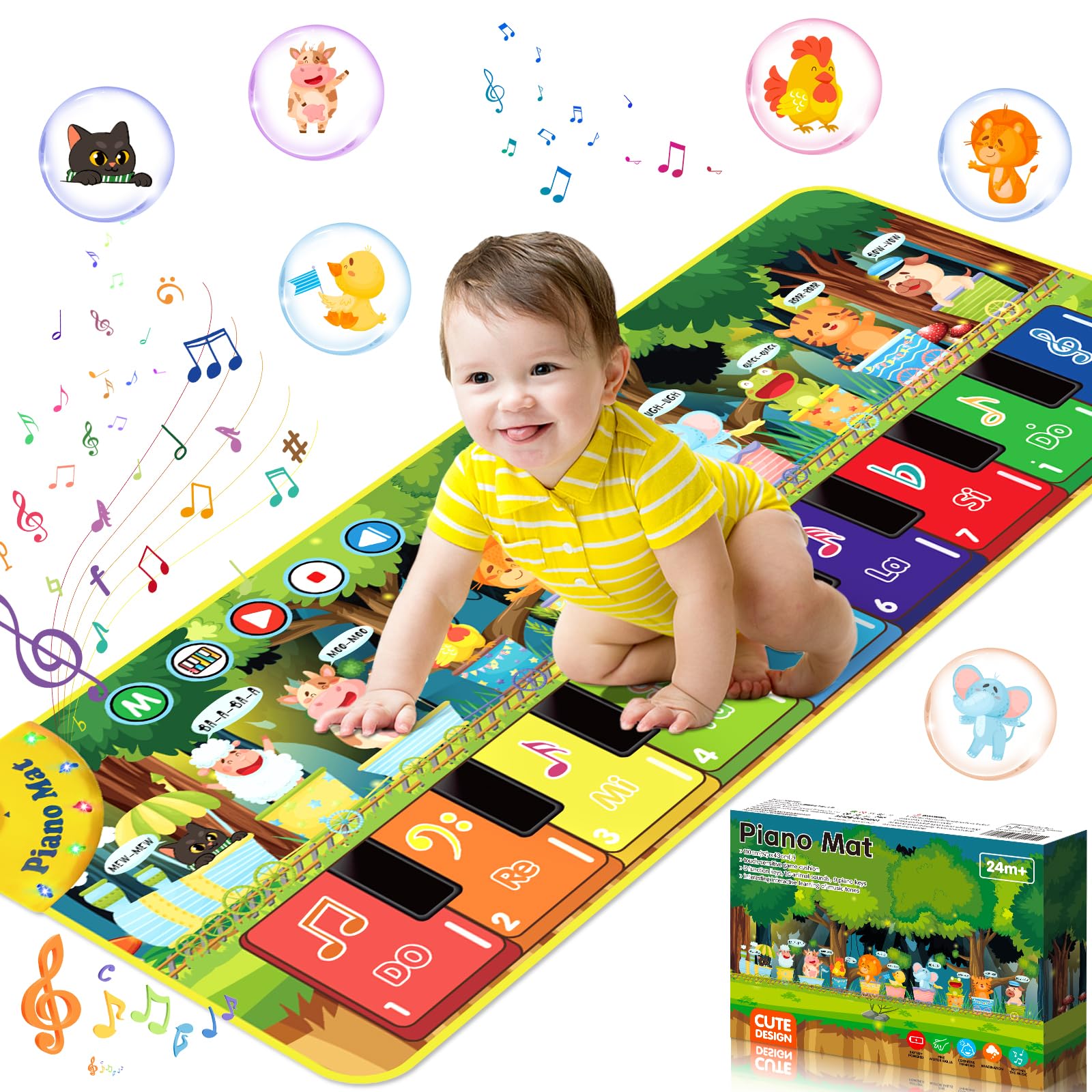BGIUSQF Alfombra Musical, Alfombra Musical Piano Bebe, Alfombra de Piano con 10 Llamadas de Animales, Alfombra de Baile, Piano Juguete, Imagenes de Dibujos Animados, para 1 2 3 4 Años, 110x43cm
