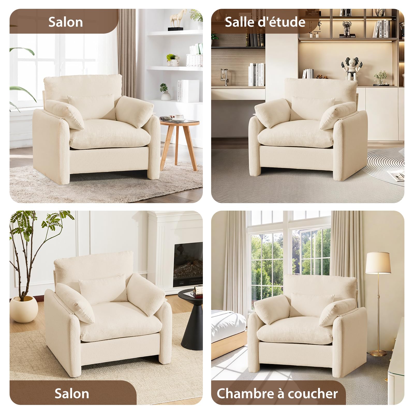 Extra-Grand Poltrona Salotto, 93.5cm Divano Singolo Poltrone Camera da Letto con Braccioli Rimovibili e Cuscino, Poltrona Imbottita Relax per Salotto Soggiorno Camera da Letto, Beige