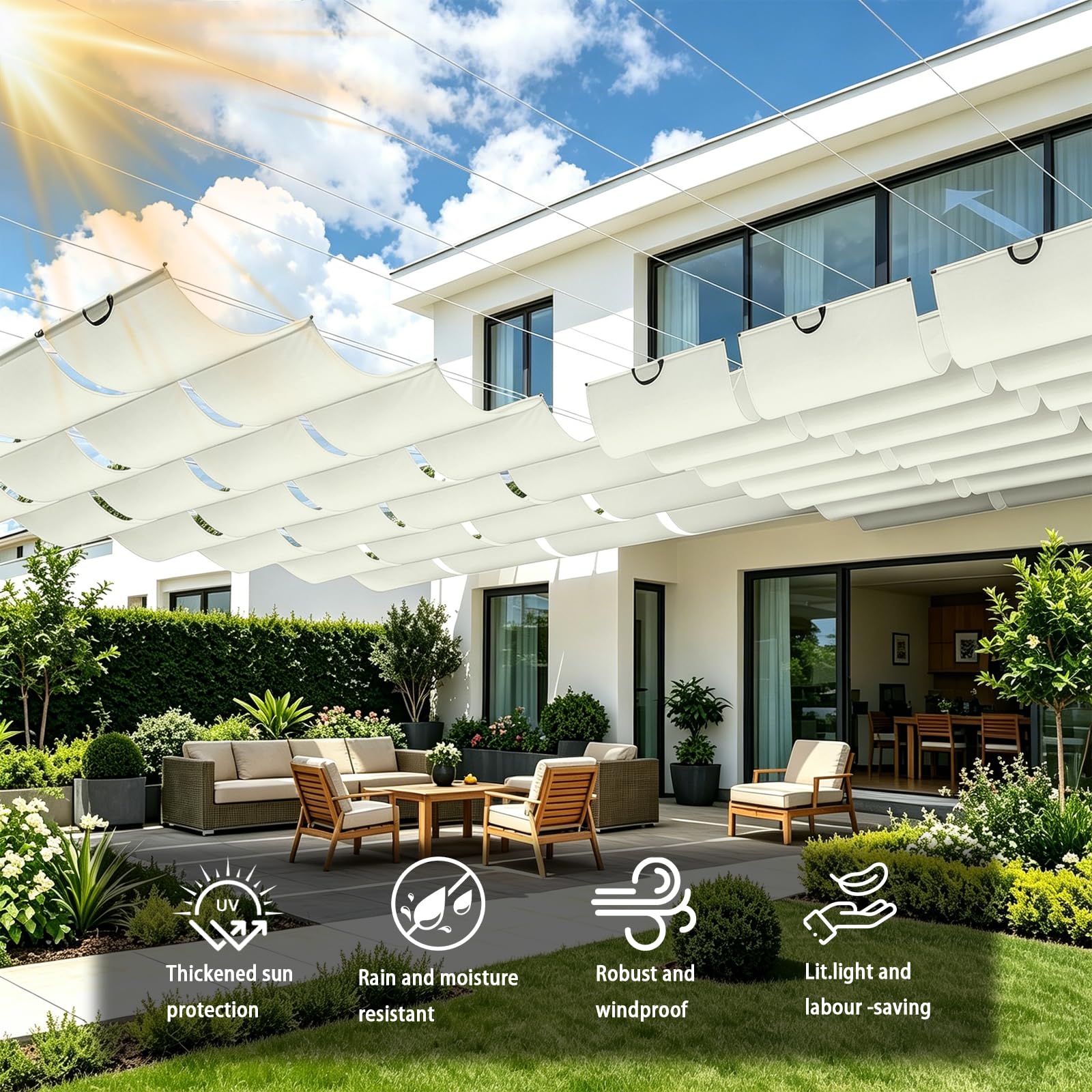 Wellenmarkise 1 x 6 m Wasserdicht, 98% Uv-Schutz, Sonnenschutz, PES Reißfest, Nach Maß, Verstellbar Welle Schattenabdeckung mit Zugseil & Ösen für Garten Terrasse, cremefarben