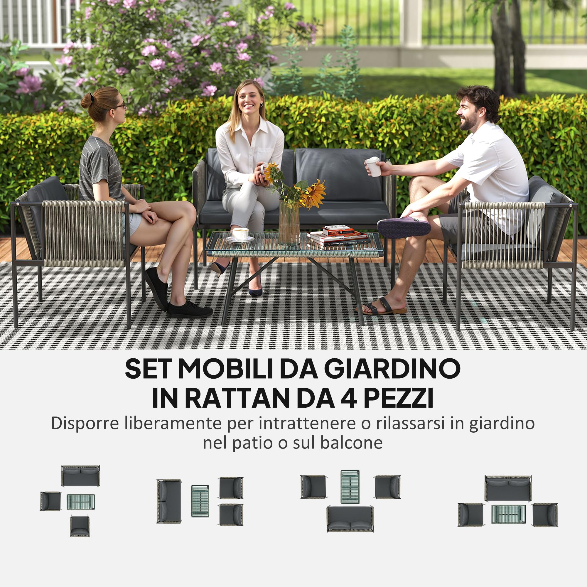 Outsunny Set di Mobili da Giardino in Rattan 4 Pezzi, Salotto da Esterno con Divano a 2 Posti, 2 Poltrone da Esterno, Tavolino da Caffè in Vetro e Cuscini Lavabili, Struttura in Acciaio, Nero/Grigio