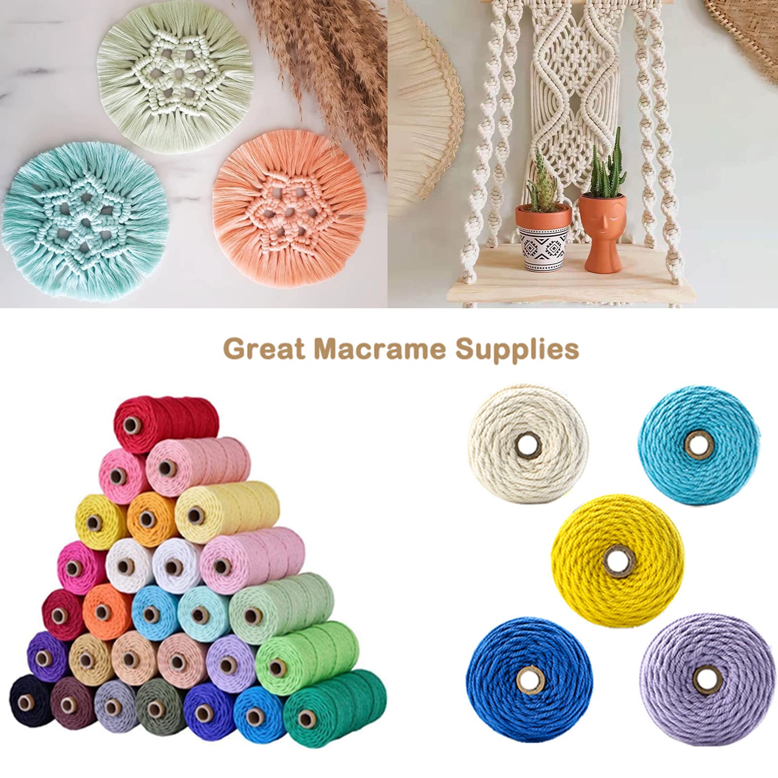 Cordón de macramé natural de color de 0.079 pulgadas, 0.118 pulgadas, 0.118 pulgadas, 0.187 pulgadas, 0.23 pulgadas, cuerda de algodón para macramé, hilo torcido, cuerda suave para manualidades, 5