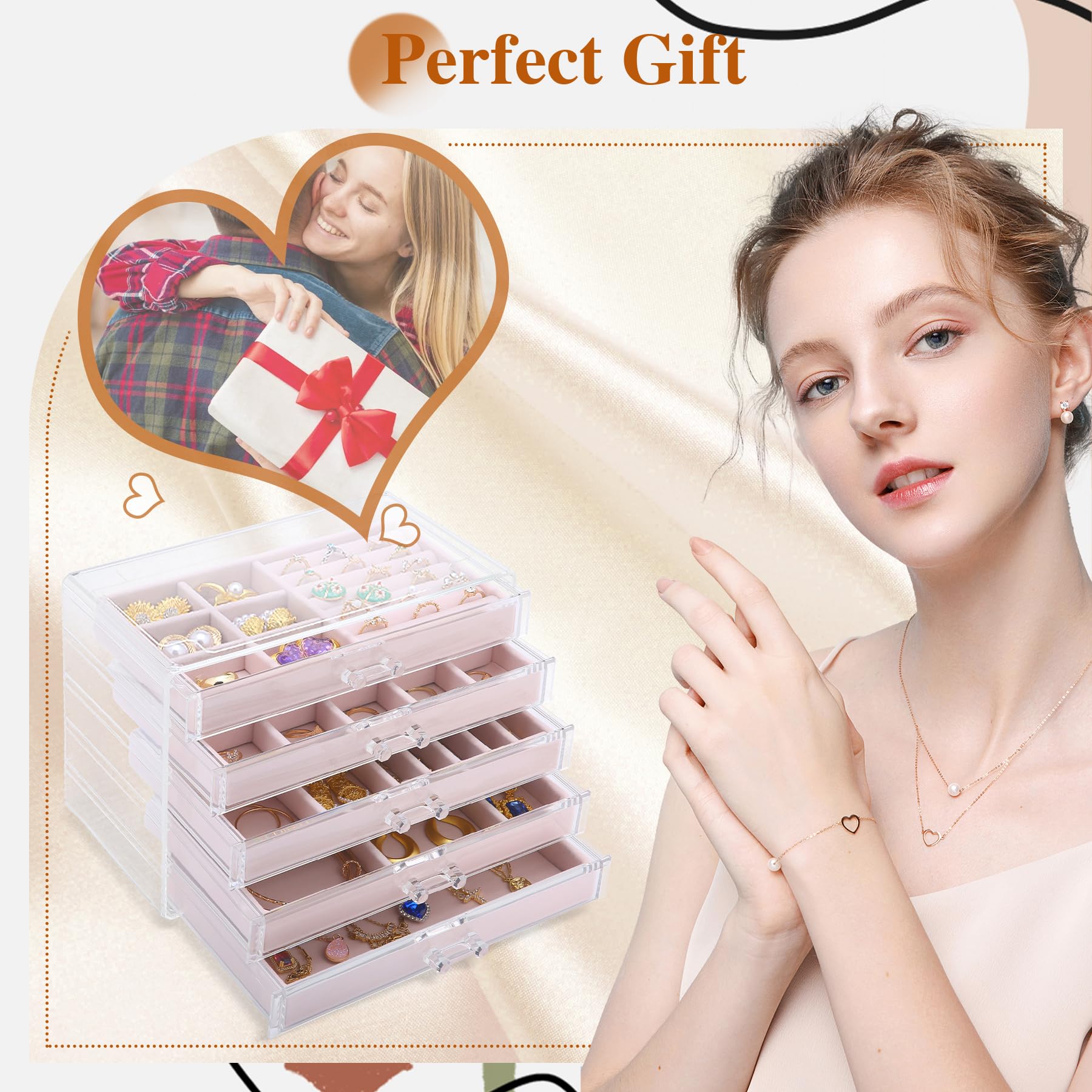 LEICHTEN Jewelry Boxes & Organizers with 5 Drawers,Acrylic Clear Jewelry Earring Necklace Holder Organizers and Storage with Velvet Trays,Jewelry Boxes for Women?Girls,Pink
