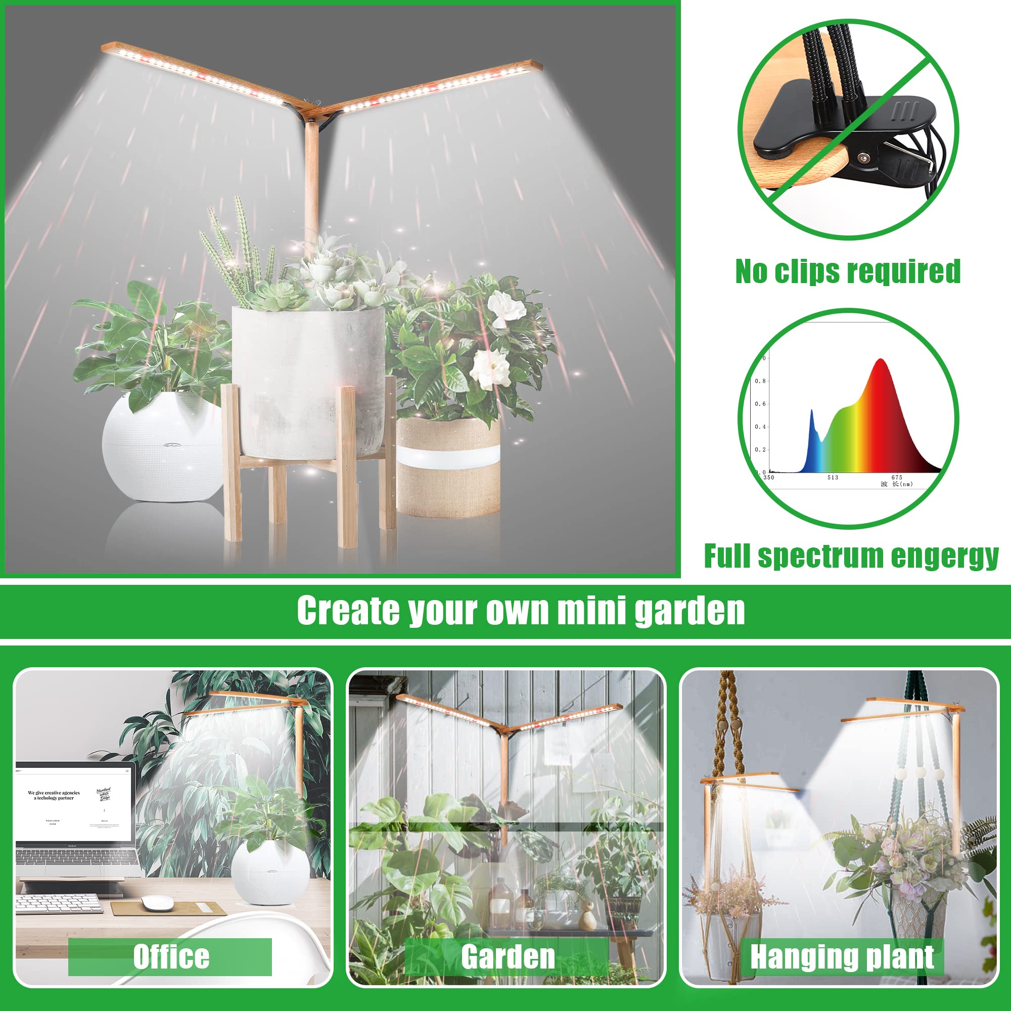 Bodkar - Lampes de croissance en bois pour plantes d'intérieur à spectre complet avec LED rouge blanche 6000 K, 2 têtes (sans minuterie/gradation)