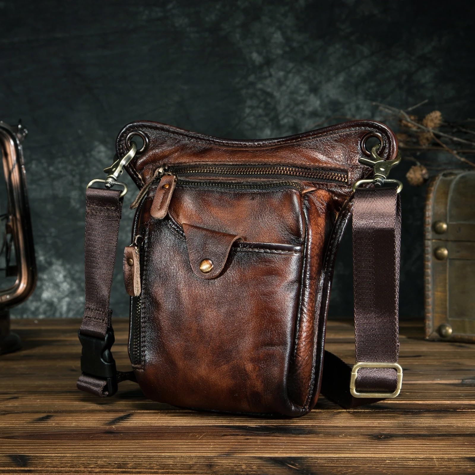 Gruby Crazy Horse skórzany męski design na co dzień kawa klasyczna torba na ramię moda podróżna nerka pas biodrowy torba na nogi 211-5, Ciemny brąz, Jeden rozmiar