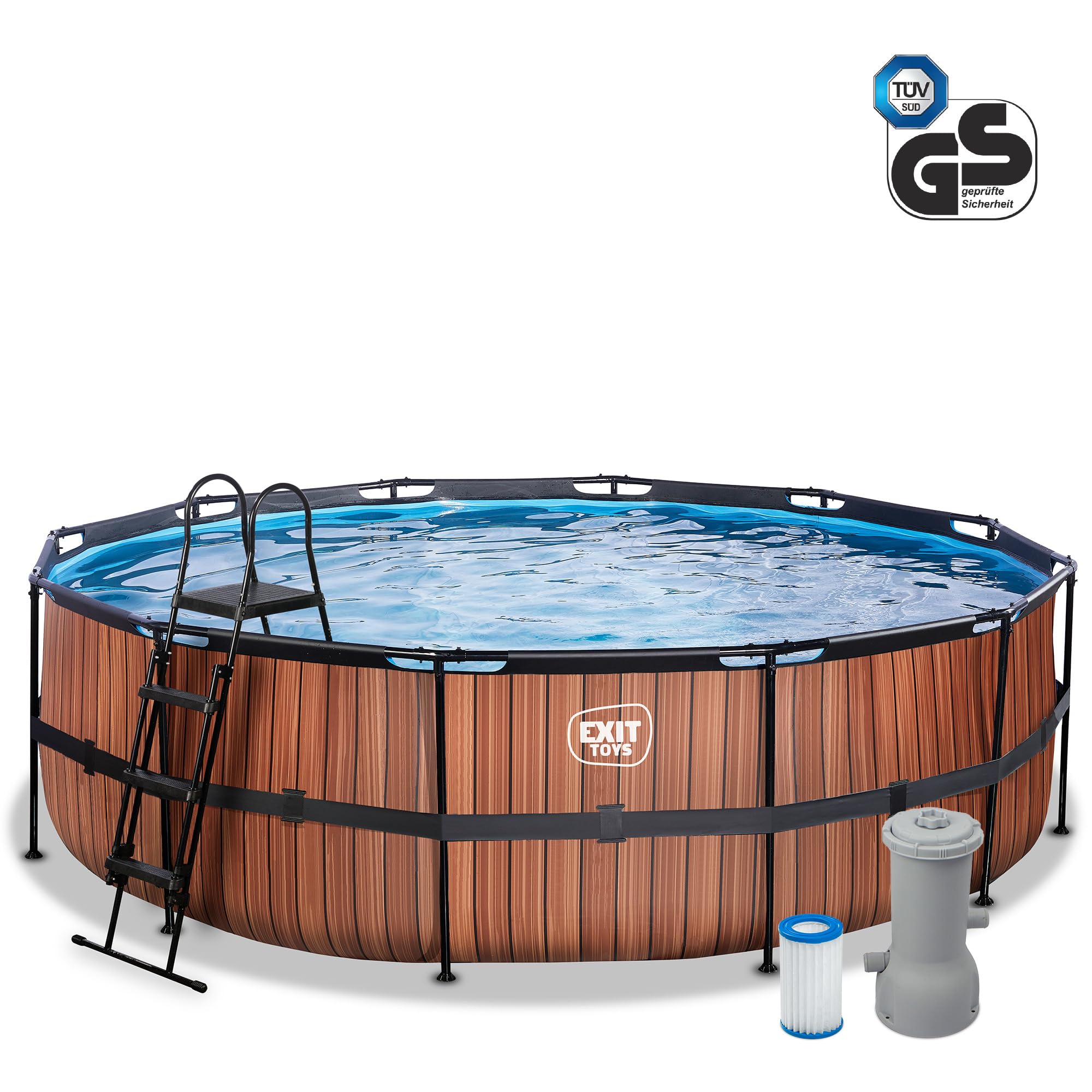EXIT Toys Wood Pool - ø488x122cm - Piscina de Marco Redondo Grande con Bomba de Filtro de Cartucho - Piscina Extra Profunda - Marco Robusto - Incluye Escalera de Piscina - Diseño Único - Marrón
