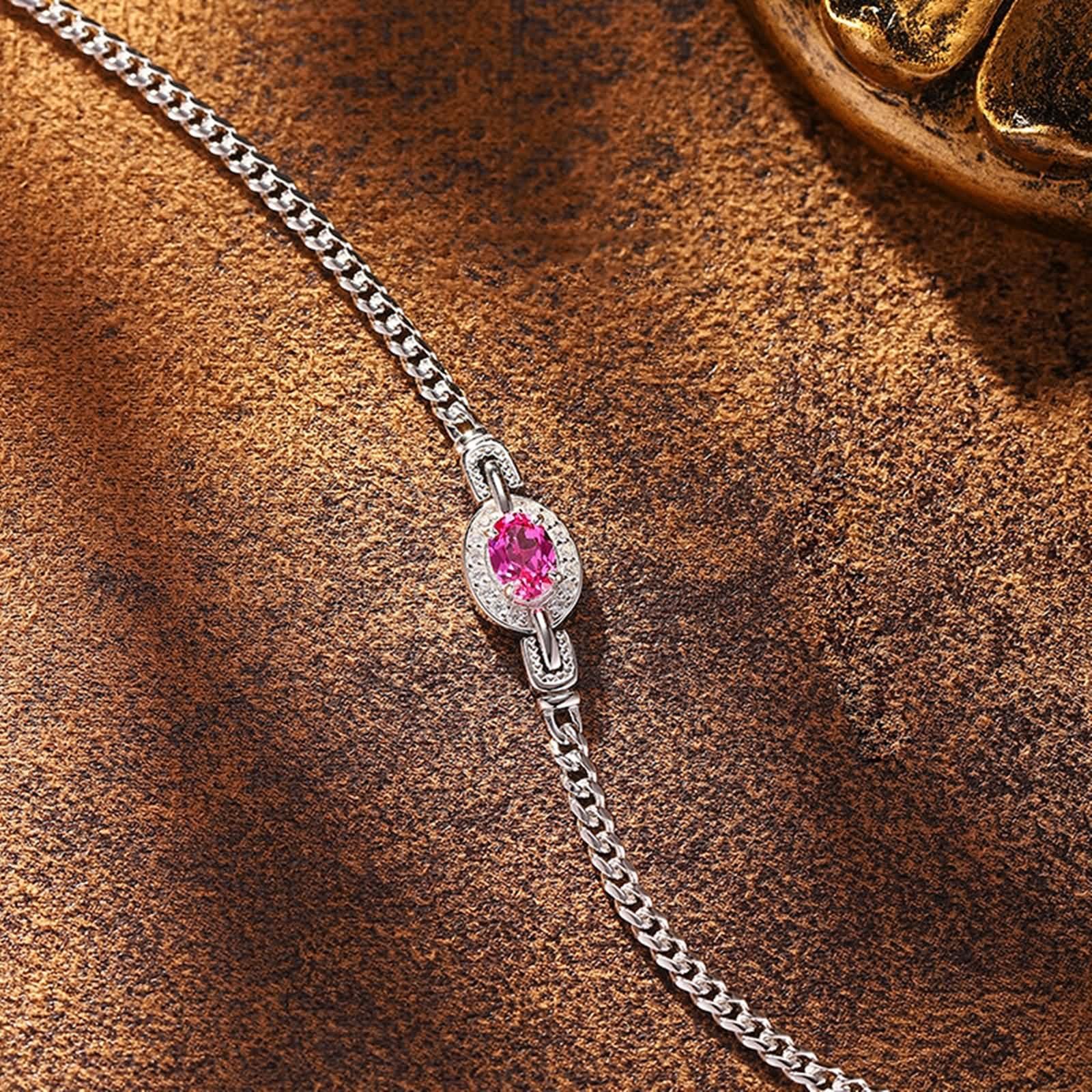 Pulsera de Oro Blanco Mujer 9 Kilates / 14 Kilates / 18 Kilates, Oval con Zafiro Rosa Creado de 1,2 ct y Moissanita, Cadena Extensible 16 CM + 5 CM, Pulseras para Mujer Ajustable Plata Rosa