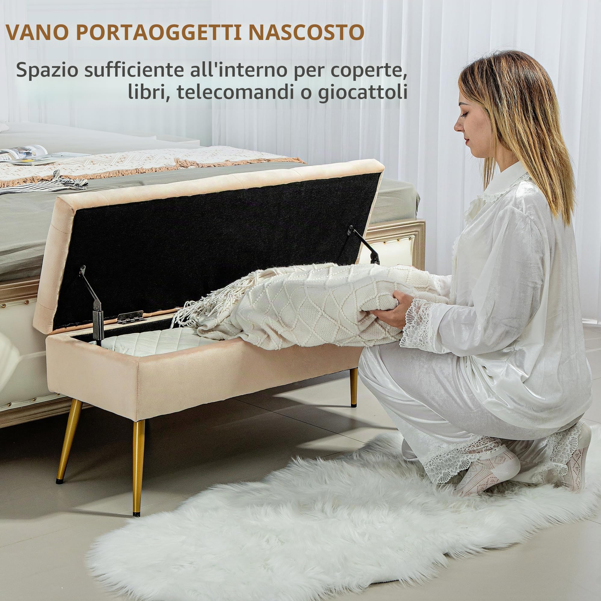 HOMCOM Panchina portaoggetti con coperchio, velluto, 102x35x43cm, Beige | Panchina imbottita, panca letto per corridoio, camera da letto, soggiorno, telaio metallico.