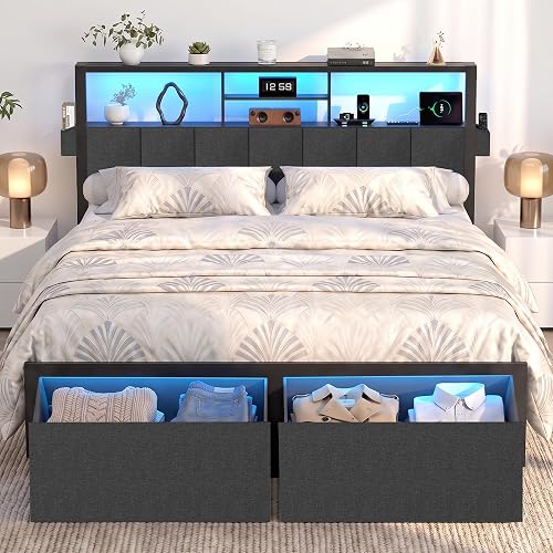 Full Size Bed Frame with LED Lights, Storage Drawers and Charging Station, Upholstered Headboard with 2‑Tier Shelves, Heavy Duty Metal Platform, No Box Spring Needed, Noise Free, Easy Assembly