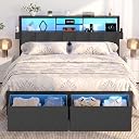 Queen Bed Frame with LED Lights, Storage Drawers and Charging Station, Upholstered Headboard with 2‑Tier Shelves, Heavy Duty Metal Platform, No Box Spring Needed, Noise Free, Easy Assembly