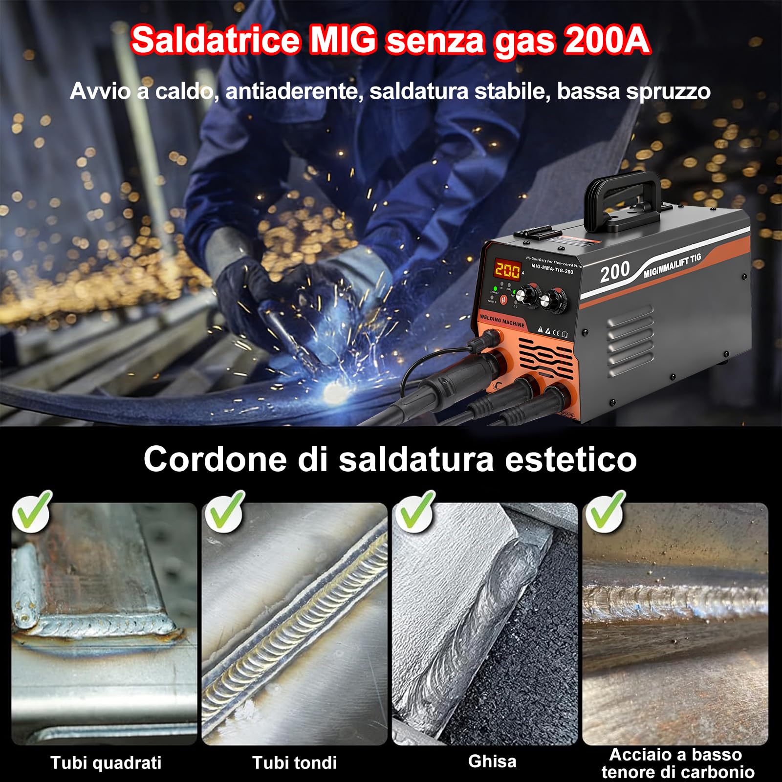 Saldatrice MIG, 20-200A Saldatrice a Filo Animato Senza Gas, Saldatrice Inverter 3 in 1 MIG/MMA/LIFT TIG, con Tecnologia Inverter IGBT e Display LCD, Filo 1,0 mm, 2,5 mm Rod, Pistola di Saldatura