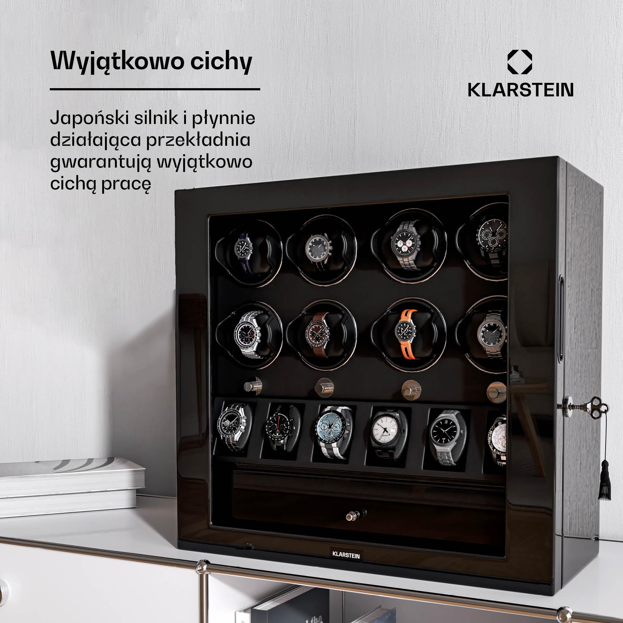 Klarstein ChronoVault Rotomat na 14 zegarków – Automatyczny rotomat z cichym japońskim silnikiem, Wegańska skóra, 4 tryby rotacji i 3 kierunki, Oświetlenie LED i szuflada na biżuterię