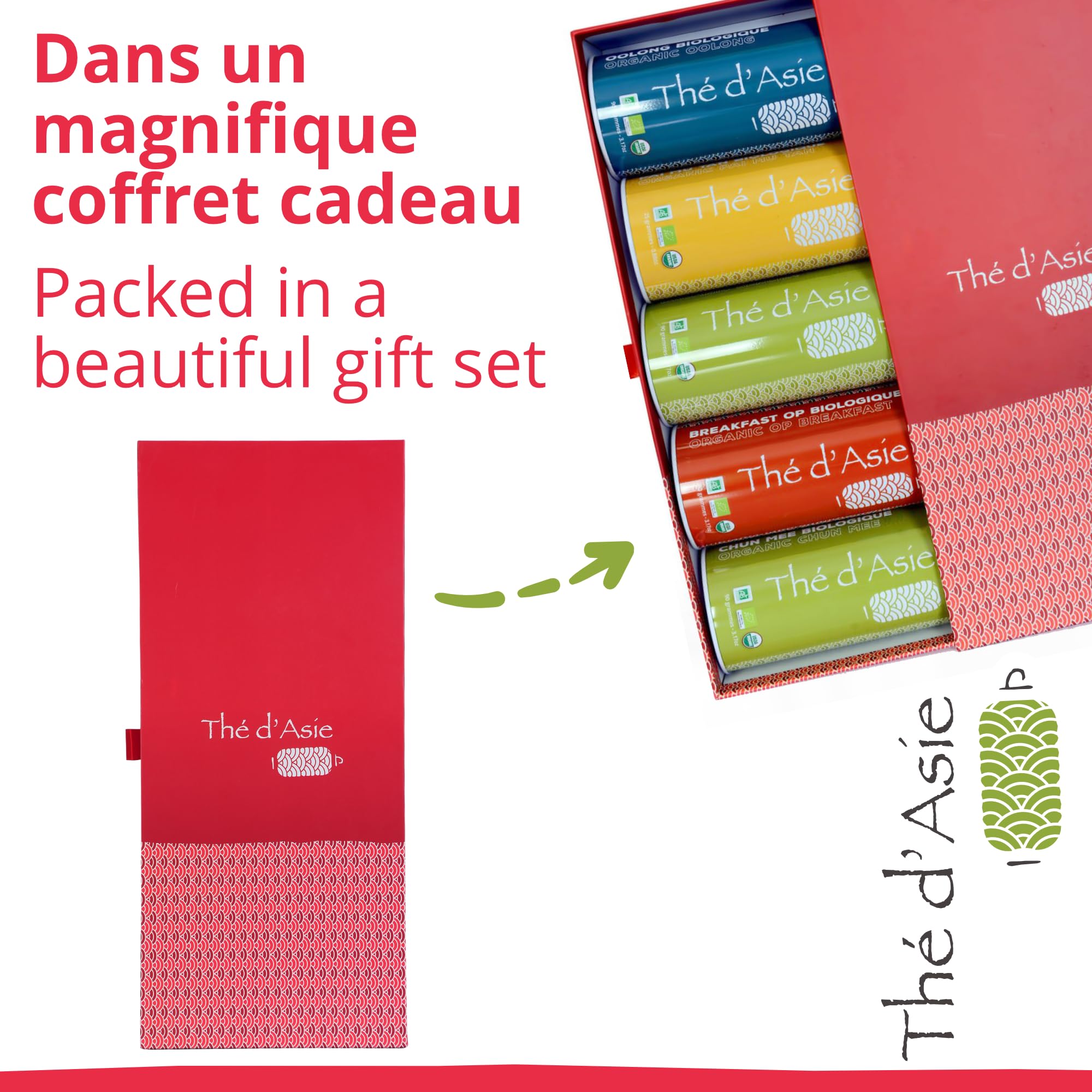 Khla - Coffret de 5 Thés Bio en Vrac - 5 Boites Métal - Coffret Cadeau à Offrir - Oolong, Pai Mu Tan, Breakfast OP, Sencha & Chun Mee - Thé Bleu, Vert Noir & Blanc - Tisane, Infusion