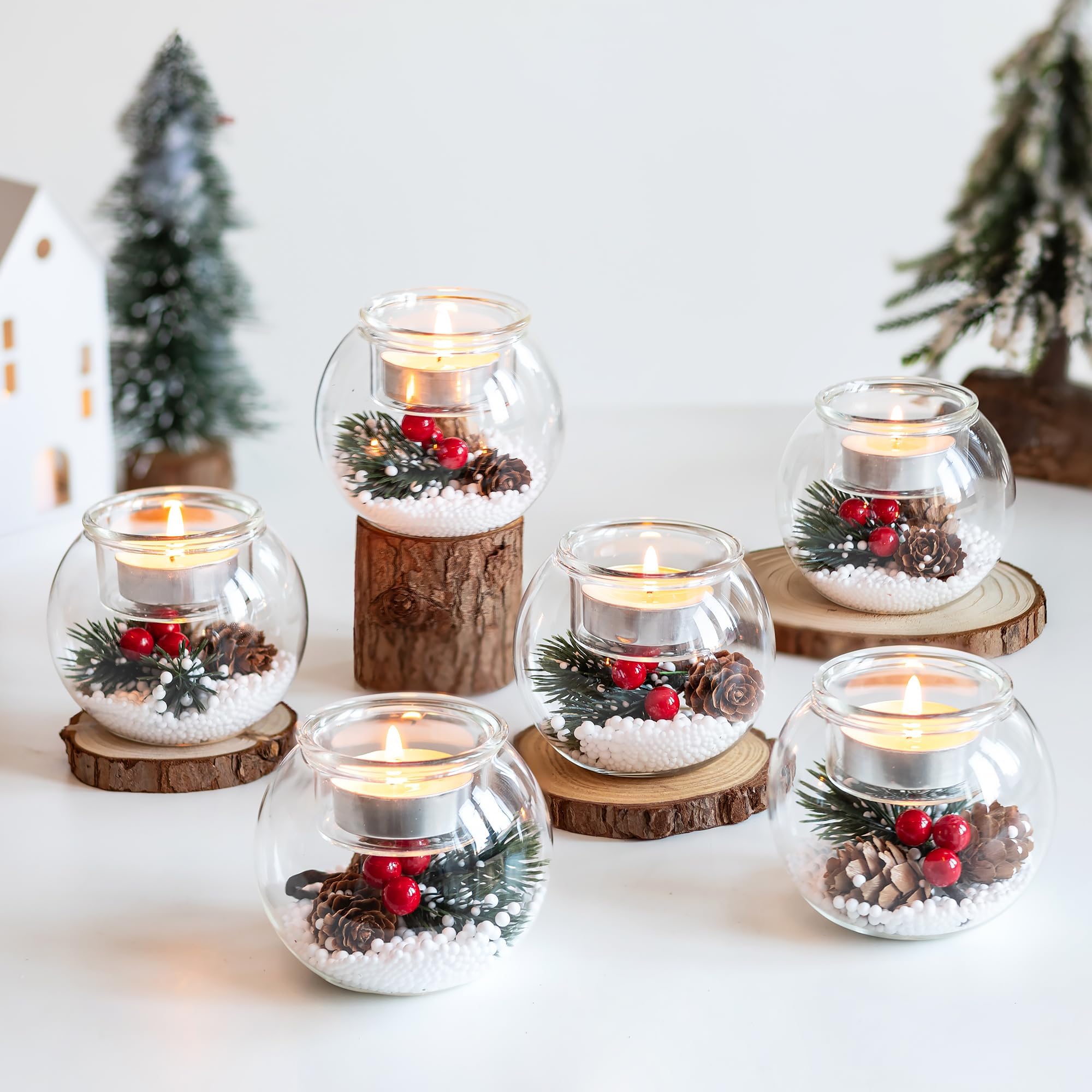 Teelichthalter Weihnachten Kerzenhalter Weihnachtsdeko Innen: Hewory 6 Stück Tischdeko Weihnachten Deko Teelichtgläser mit Roten Beeren Tannenzapfen für Tisch Dekoration