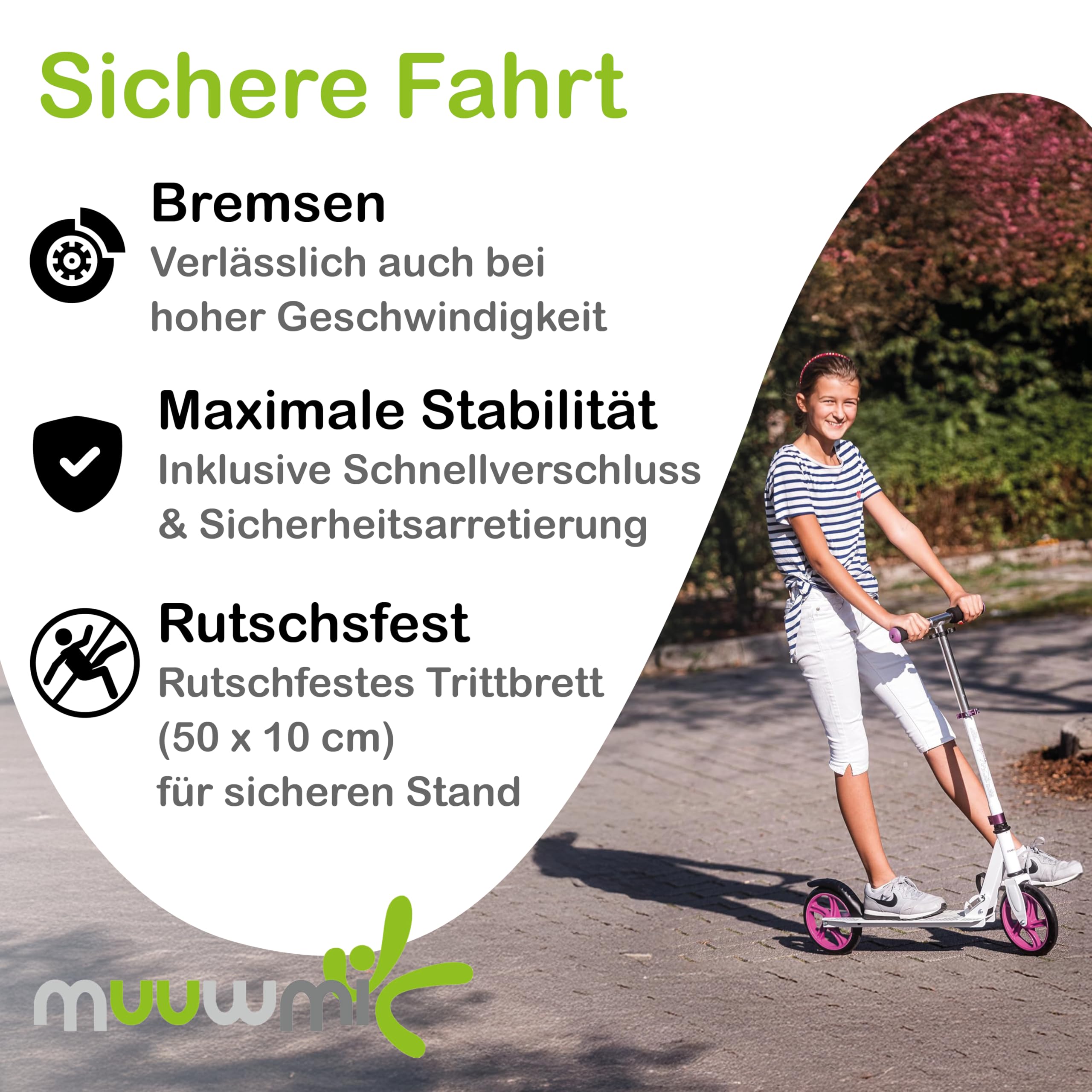 Muuwmi Aluminium Scooter – Tretroller, 125 mm, ABEC 5, GS geprüft, höhenverstellbar, Maximale Tragkraft - 100 Kilogramm