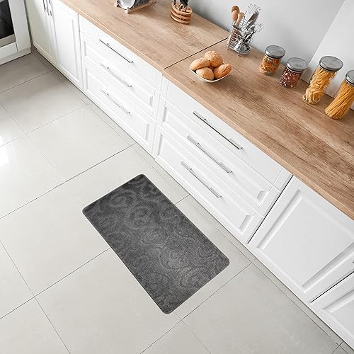 Vista 91 de Alfombra lavable a máquina para cocina y baño, diseño de voluta, color gris, respaldo antideslizante de gran