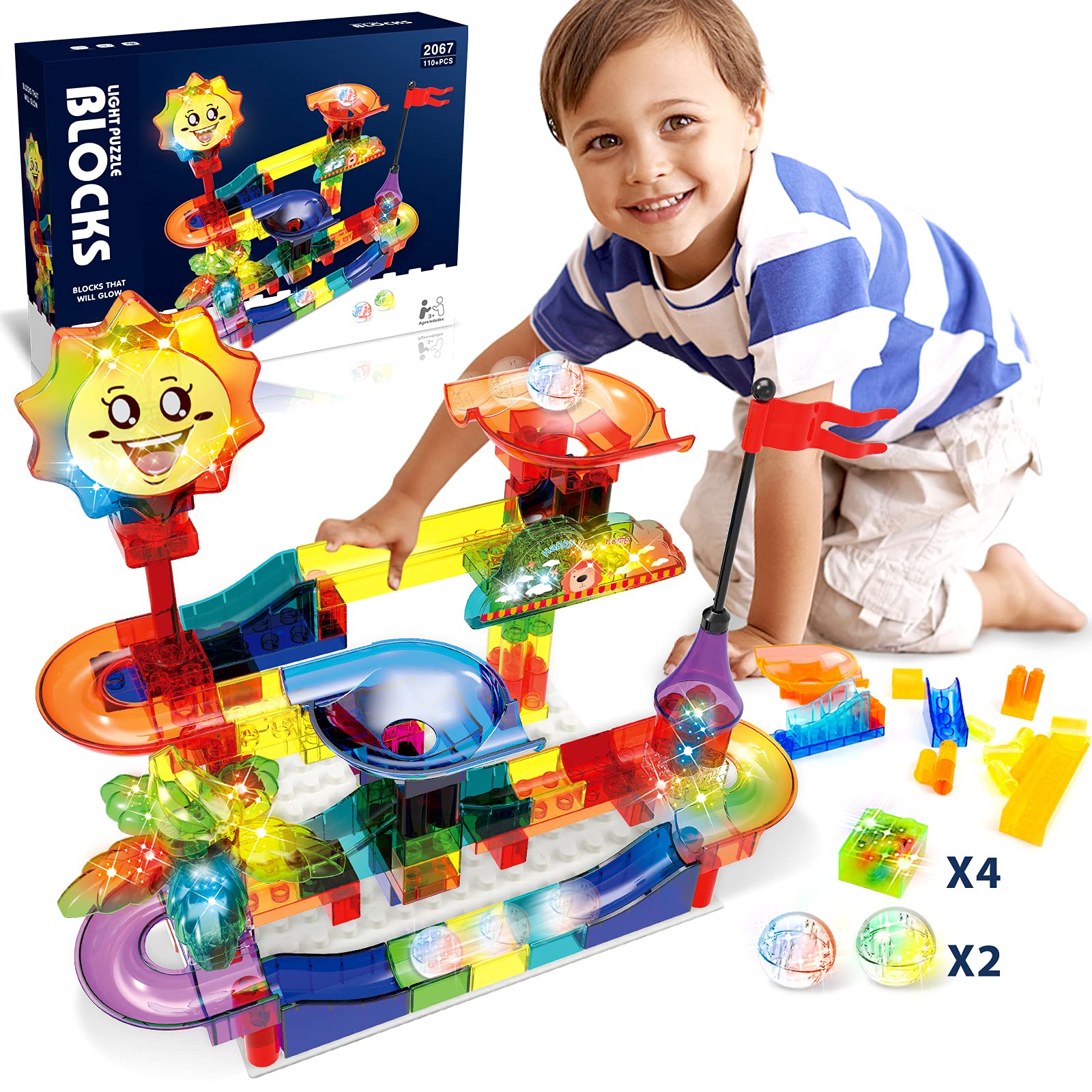 KooQii Glowing Marble Run Toys for Kids, STEM Toy Bricks Set,Marble Maze Building Blocks, Learning & Education Toys for 3 4 5 6 7 8 Year Old with 2 Marbles Birthday Gifts for Boys and Girls（110PCS