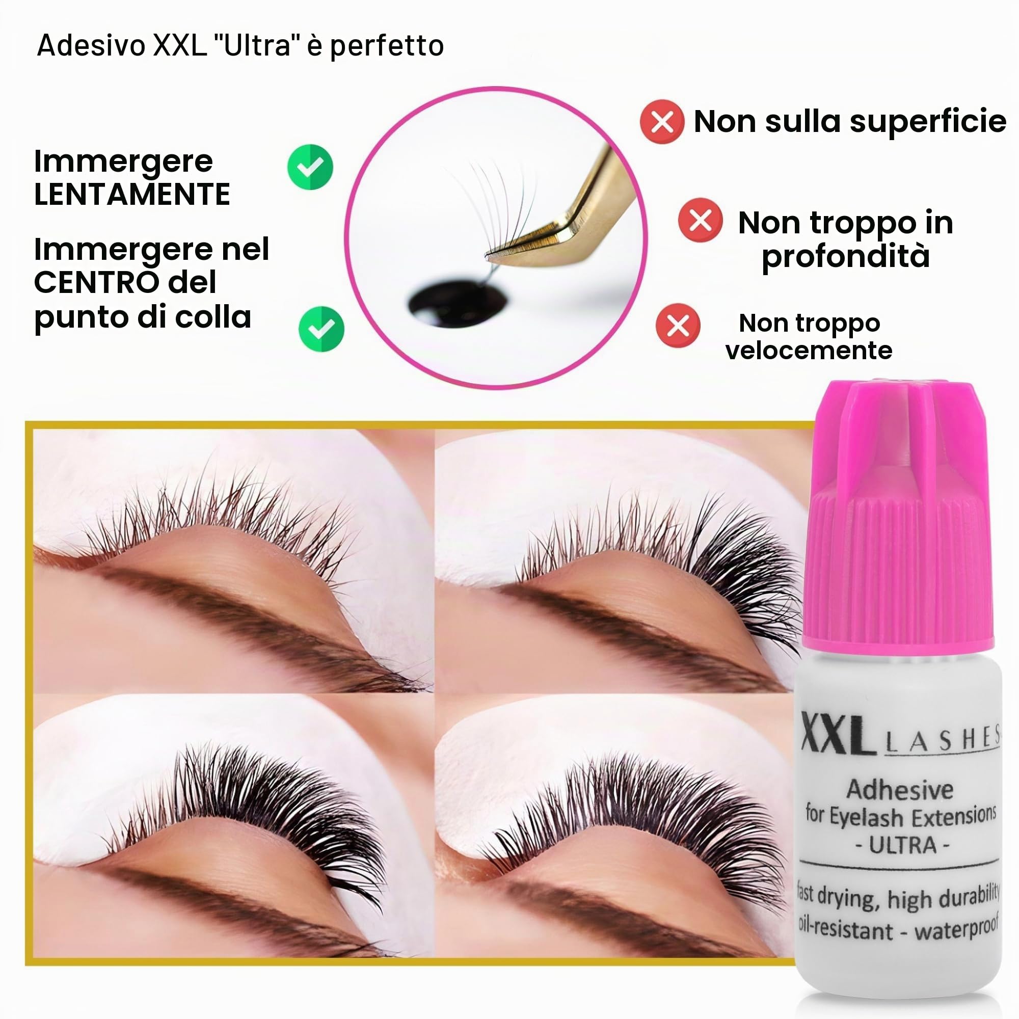 Adesivo per allungamento delle ciglia XXL Lashes "Ultra", Colla per per extensione delle ciglia, resistente all'olio, alta durata, asciugatura rapida, impermeabile, 5 ml