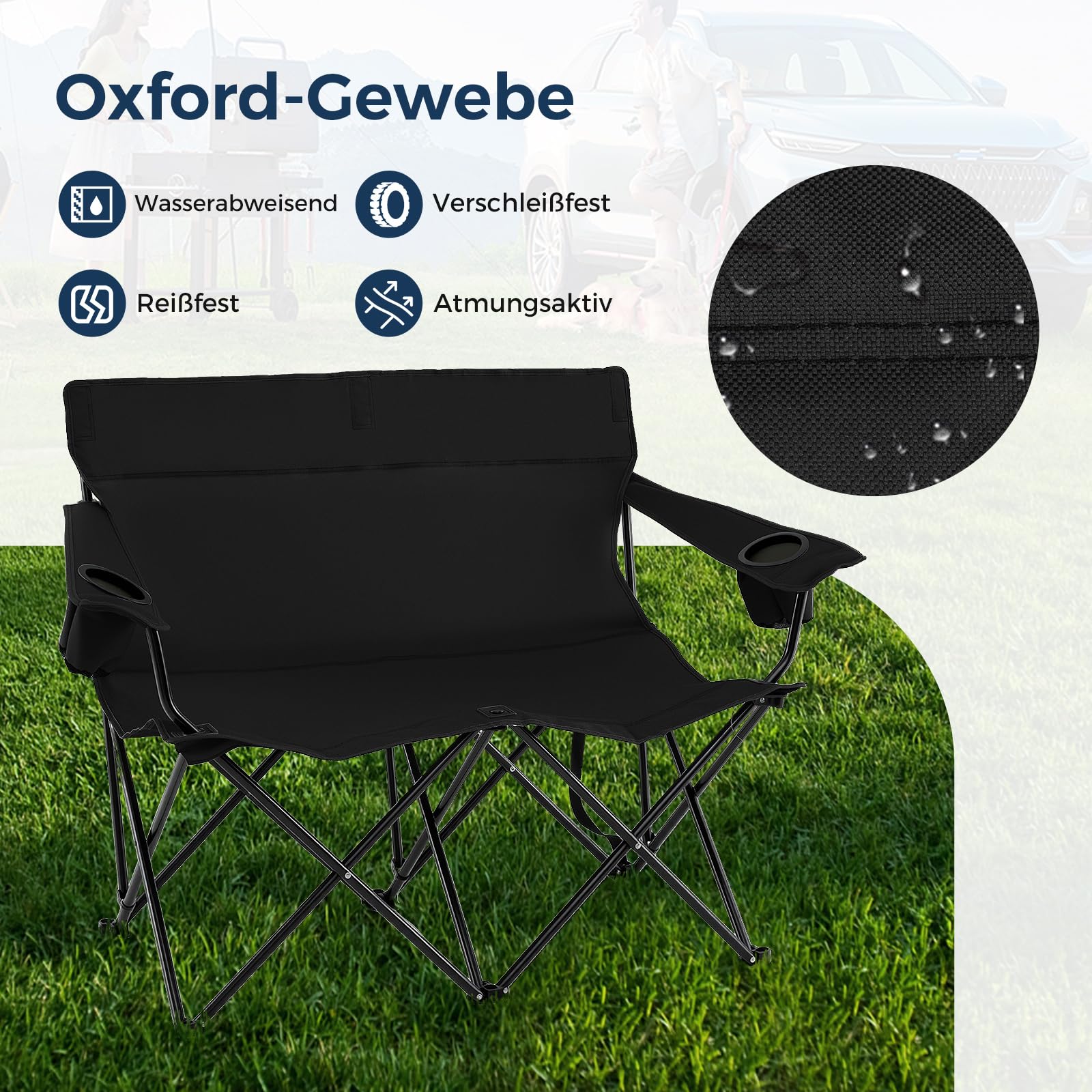 GOPLUS Campingstuhl faltbar für 2 Personen, Klappstuhl XXL 2 Sitzer bis 300kg, Faltsofa mit hoher Rückenlehne, Becherhalter, Tragetasche, Outdoor Stuhl für Camping Picknick Angeln (Schwarz) Sonstiges