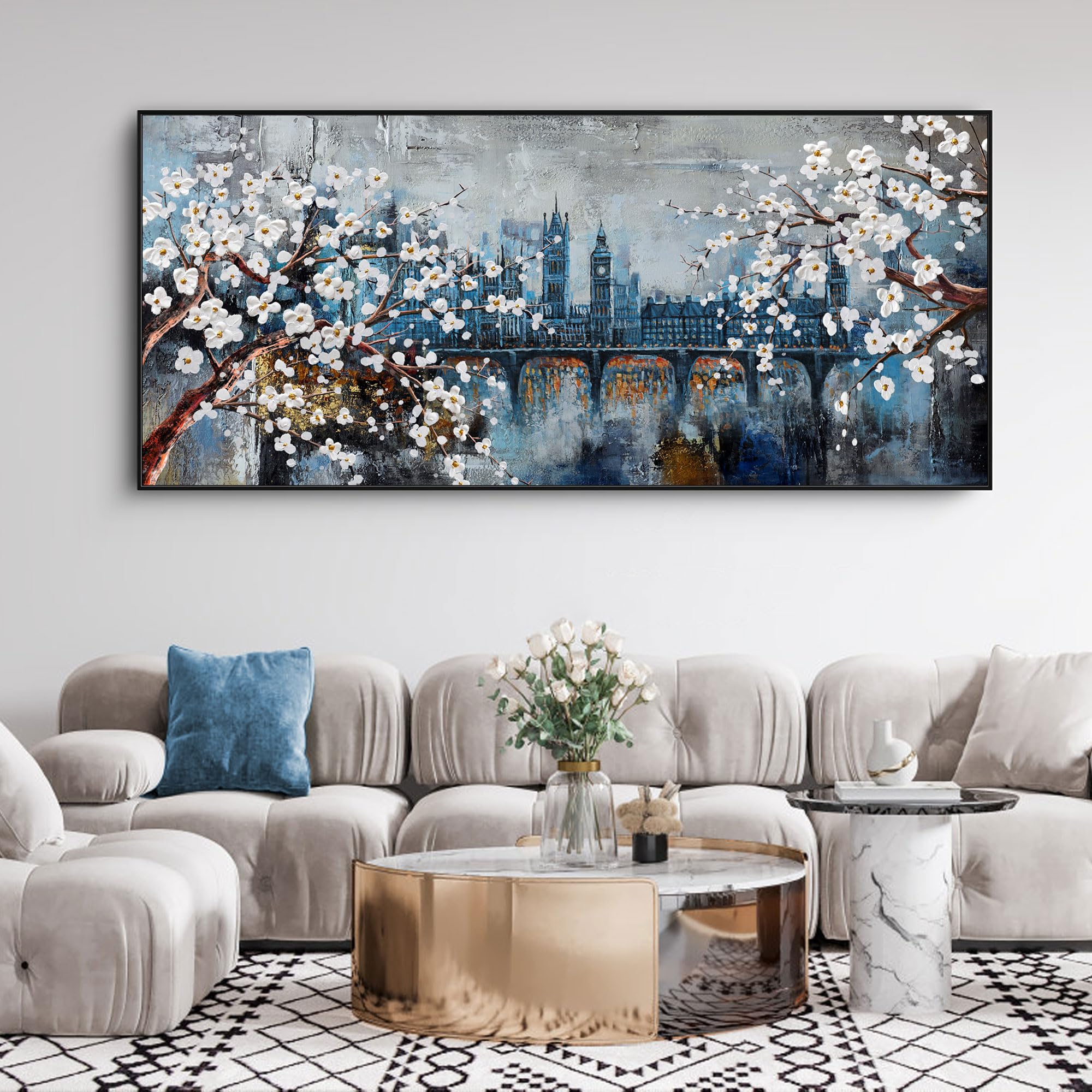 KLAKLA Extra Large Wall Art for Living Room City Scenes - Black Frame Large Abstract Wall Decor Bedroom Office Landscape Plum Blossom Picture Artwork for wall M