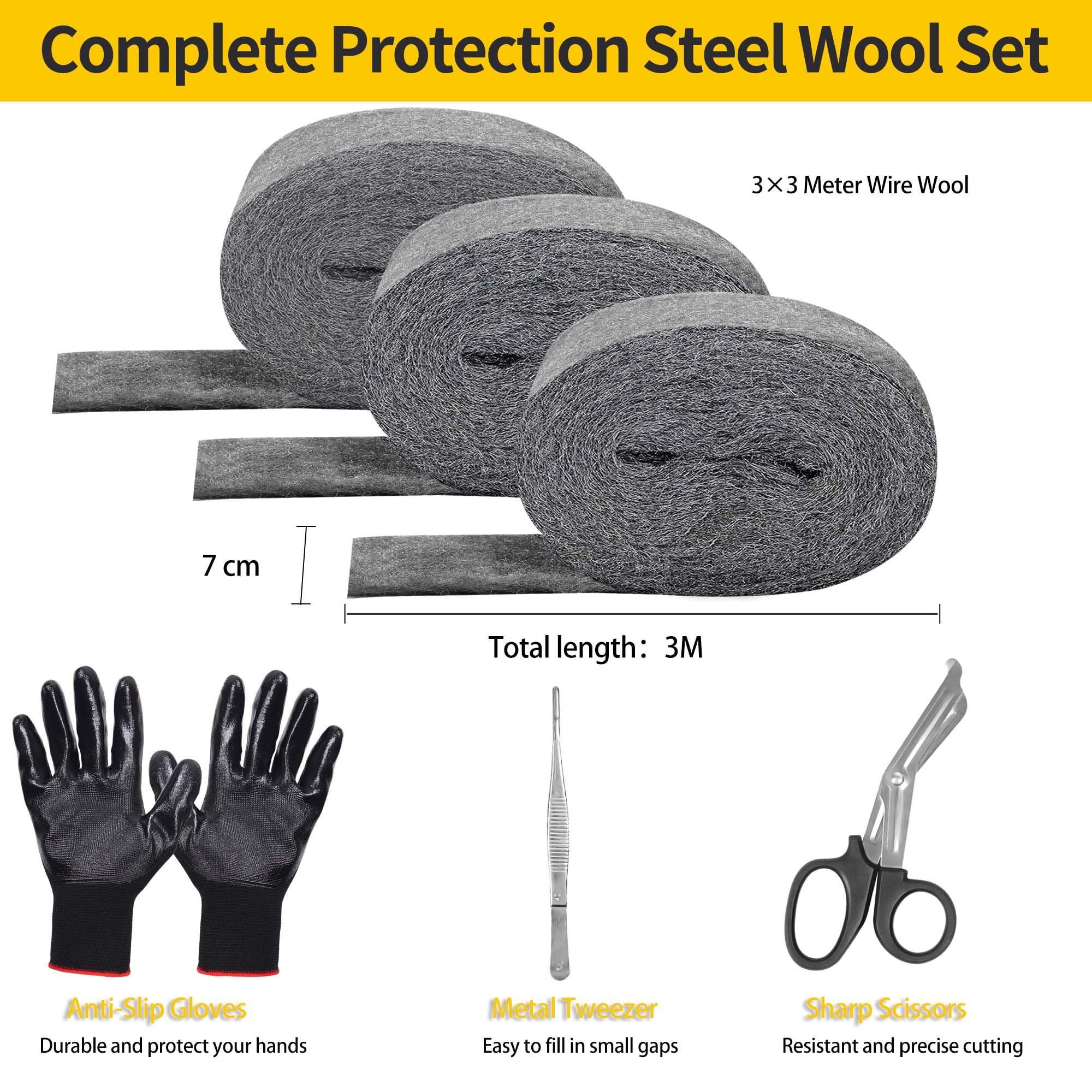 HuiCloud 3 Pack Steel Wool Mice- 0000 Coarse Wire Wool Rodent Control Gaps Blocker,Hole DIY Fill Fabric Kit with Gloves,Scissor and Tweezer for Stop Rats and Mice Insect Pest - Image 3