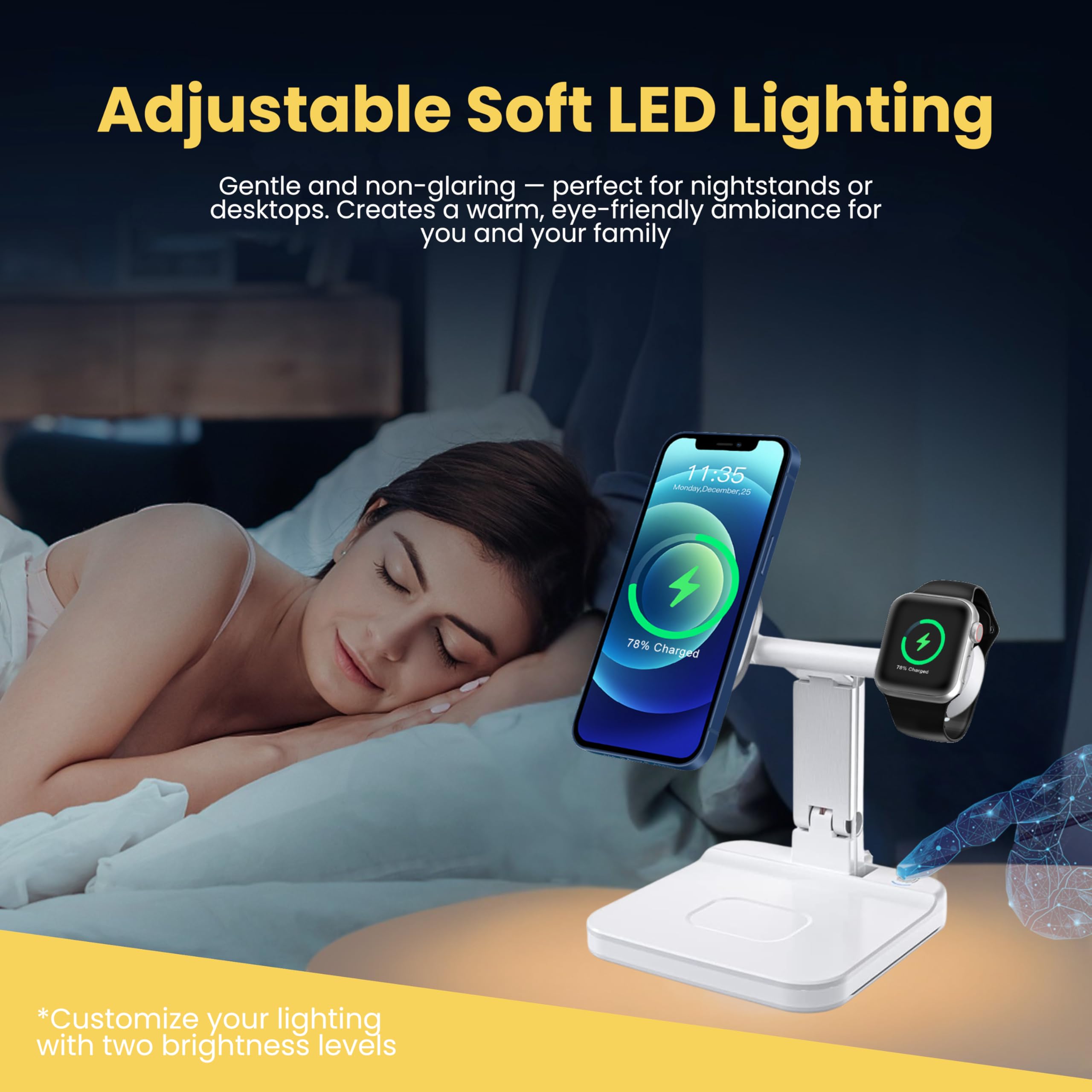 LumiCharge Stazione di ricarica wireless Qi 4 in 1 con luce notturna a LED, ricarica rapida per Magsafe, Apple Watch, AirPods, cavo USB-C e blocco di ricarica USB-C, ricarica sicura per più