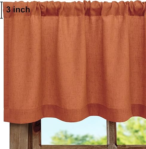 Miniatura 2 de Cenefa de lino naranja quemado para ventana de cocina de 3 pulgadas con bolsillo para barra, semitransparente, filtrante de luz, estilo bohemio,