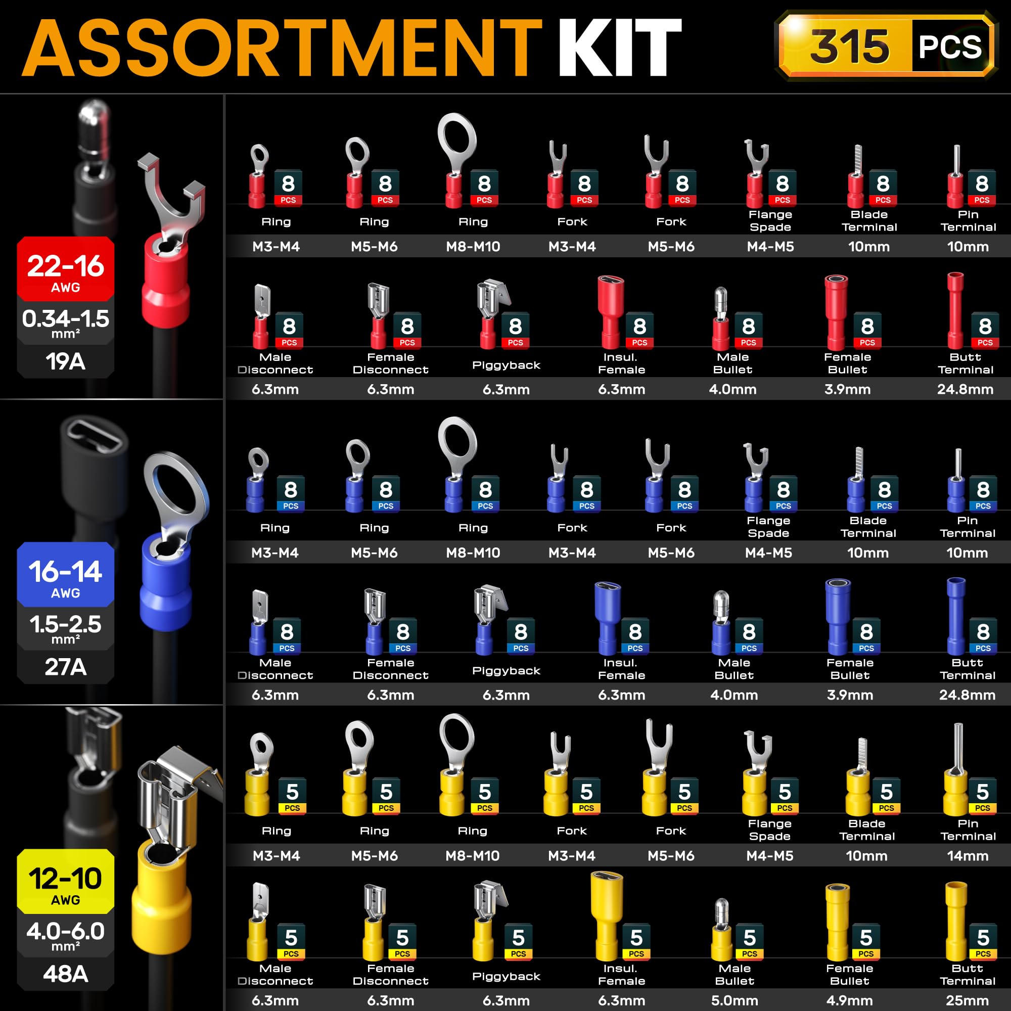 SOMELINE Kit de Crimpadora Terminales Eléctricos, 39 Tipos de Terminales Preaislados, 0,34–6mm² Crimpadora Autoajustable de Trinquete y Pelacables, para Electricista, Automoción y Bricolaje