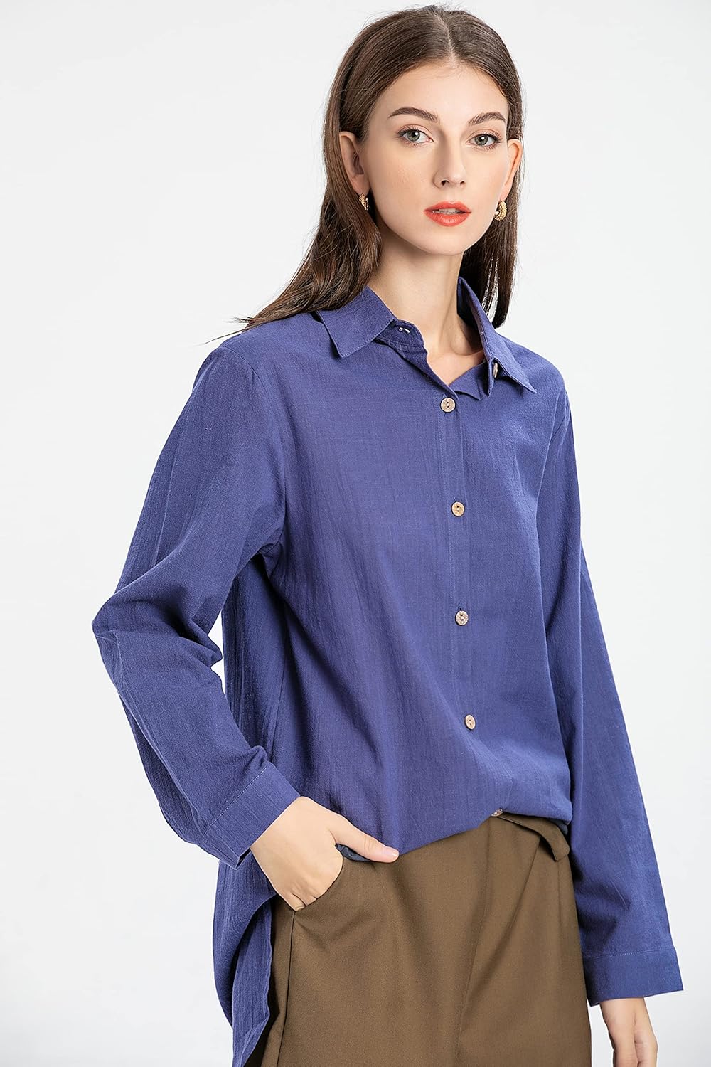 Minibee Women's Cotton Shirts Tunics Hi Low Tops Boyfriend Button Down Blouse - Image 2