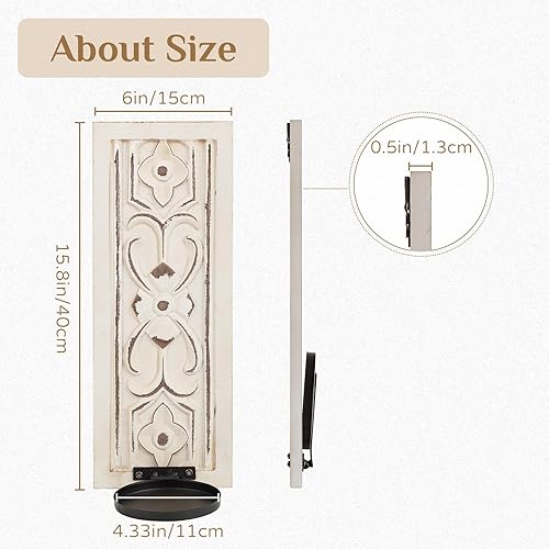 Miniatura 4 de Juego de 2 candelabros rústicos para decoración de pared, de madera, para granja, blanco, bohemio, arte envejecido, grueso, para baño