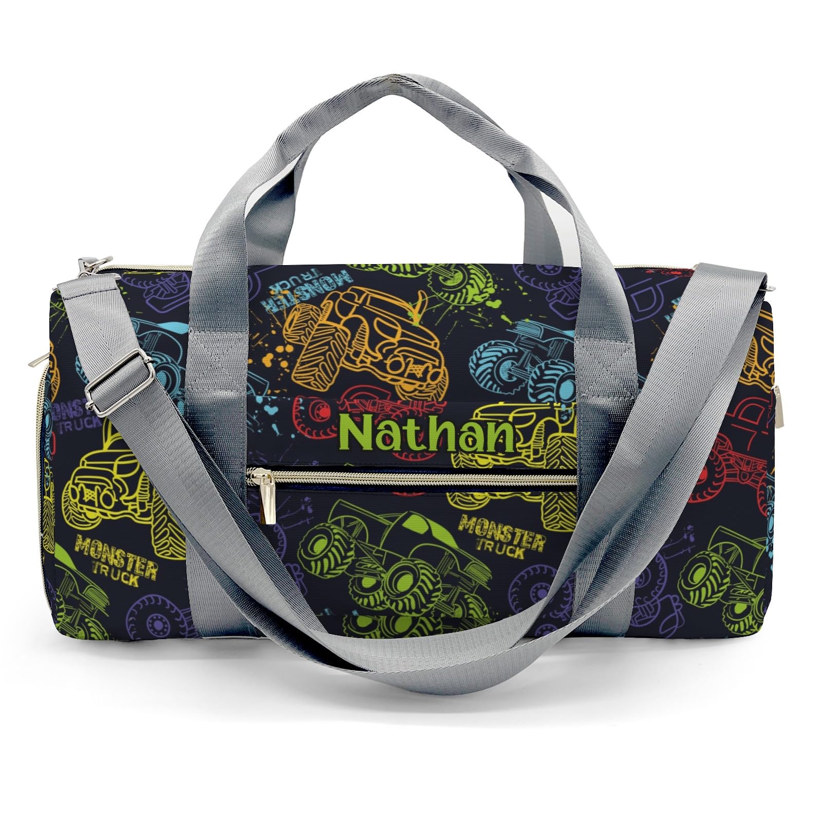 Colorful Monster Truck Car Personalized Duffel Bag with Name Custom Weekend Bag with Shoe Compartmen for Boys Girls Sports Gym Swim Bag Travel Bag