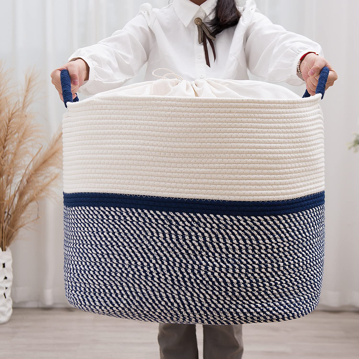 Large Baskets for Storage Cotton Rope Basket Laundry Baskets Woven Basket Oval Woven Toy Bin Blanket Holder XXXL Blue Collapsible Laundry Basket with Cotton Rope Handles and Drawstring Closure