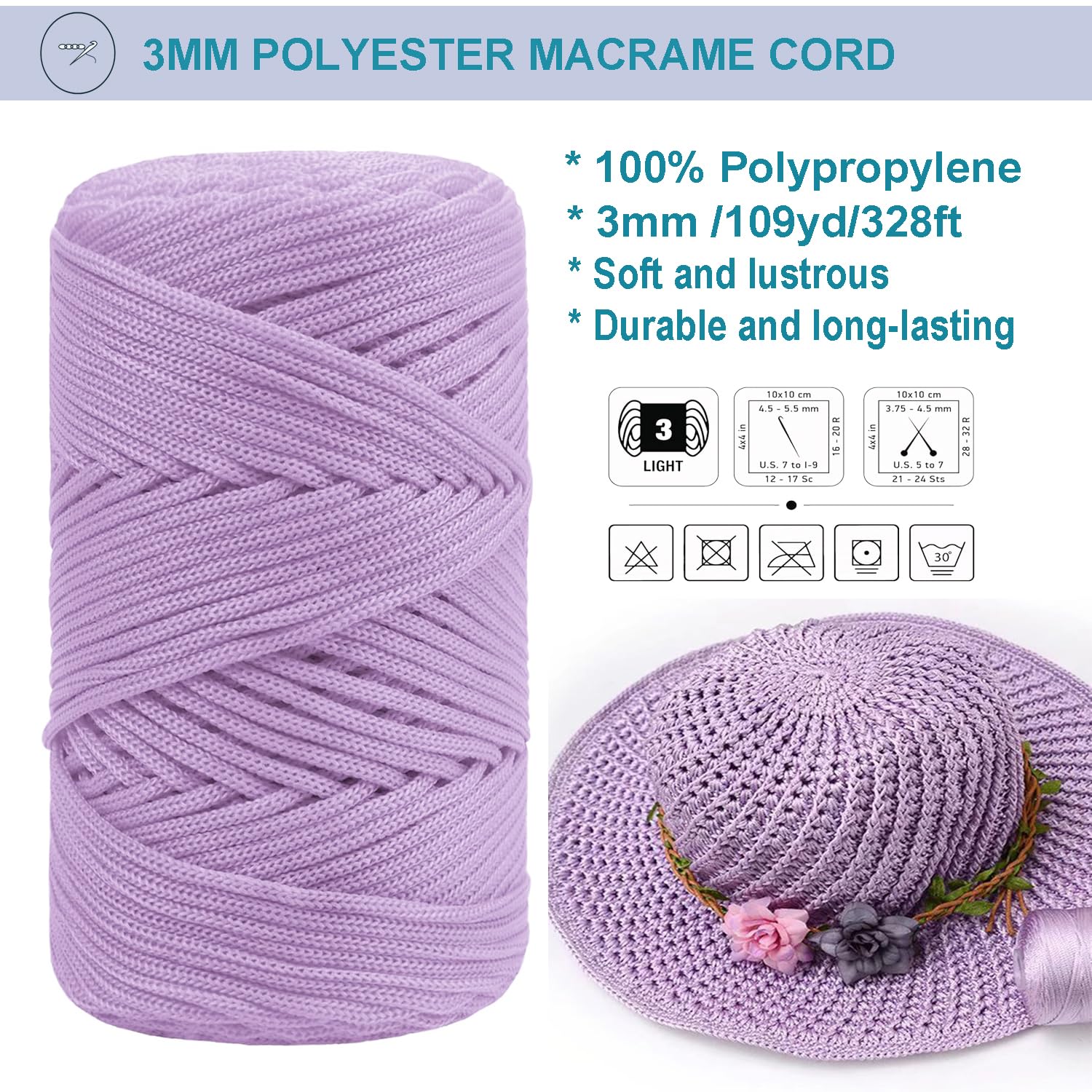 Polyester Braided Macrame Cord 3mm, Thick Durable Soft Crochet Cord for Making Bags,DIY Crafts, Wall Hanging, Plant Hangers, Strong Macrame Cord for Jewelry Making (328ft, Grey)