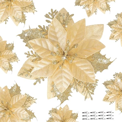 Miniatura 1 de Pauwer 12 flores de Pascua artificiales con purpurina con clips, tallos de árbol de Navidad, decoración de flores de Pascua para árbol de Navidad,