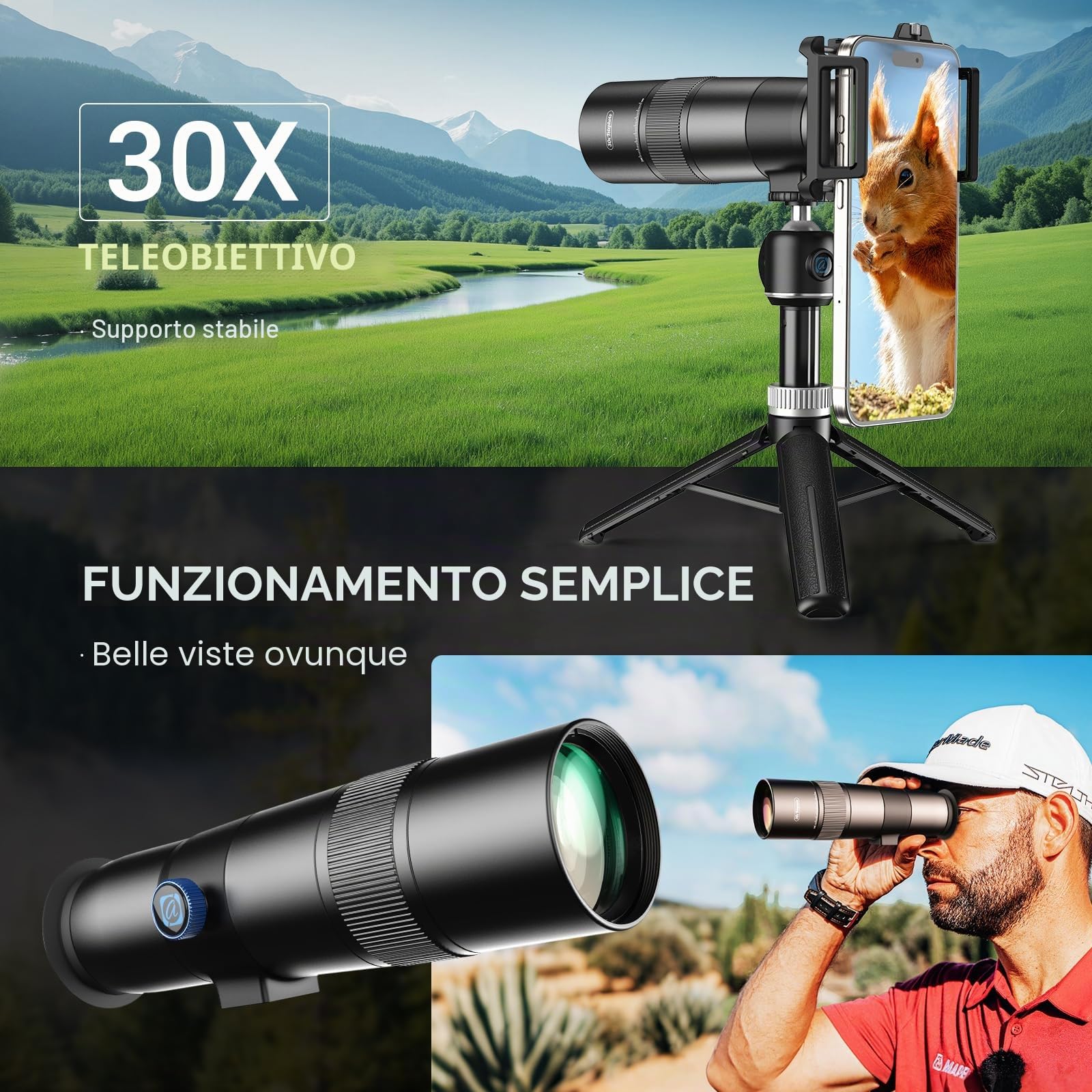 Evil Eye Teleobiettivo 30X con Treppiede, Obiettivo per Fotocamera Mobile 4K HD, Struttura in Metallo & Zoom 30X, Compatibile con iPhone & Android, Perfetto per Viaggi & Fotografia Sportiva