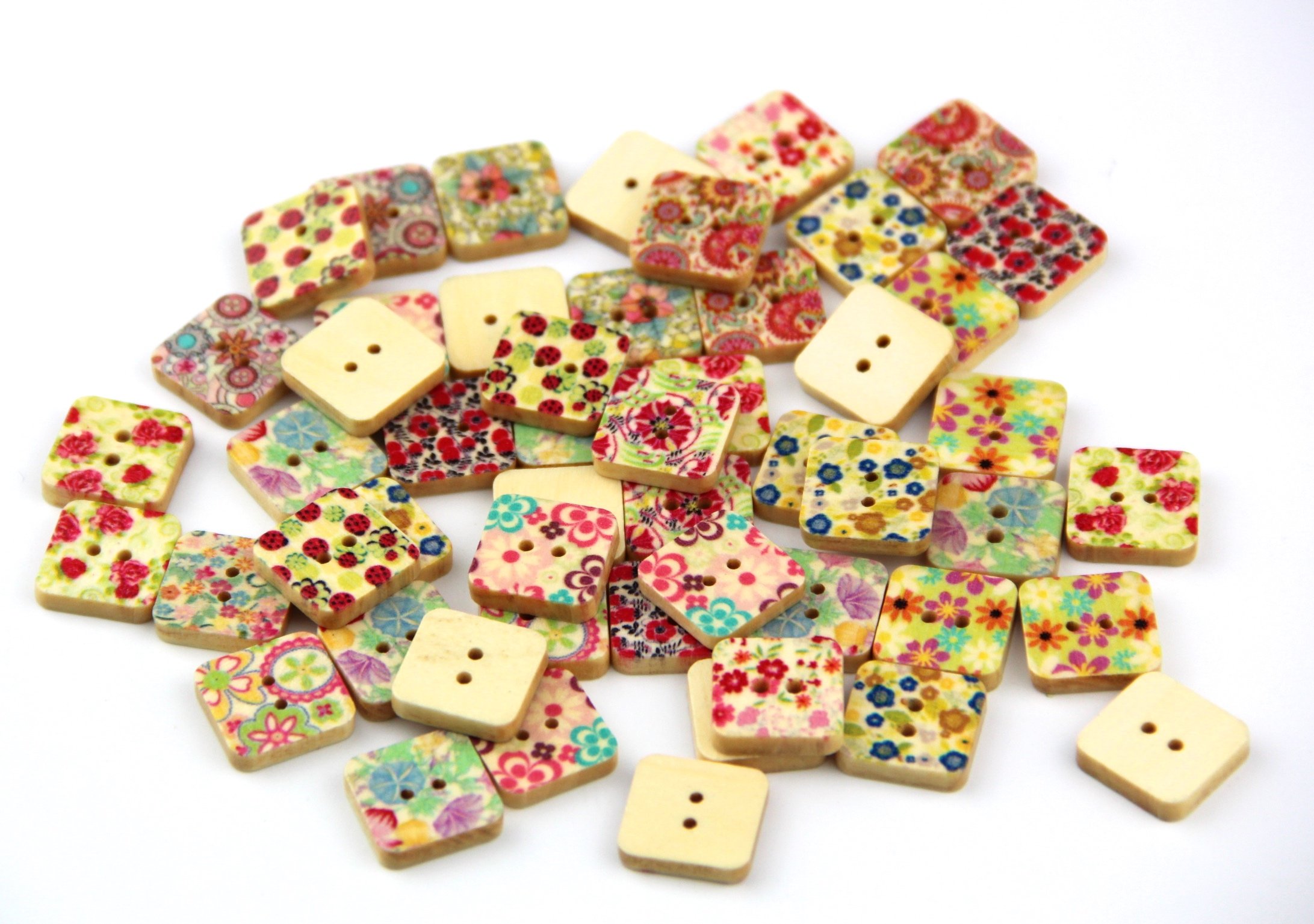 Raylinedo A9 Raylinedo®Mixed Flower Printed Square Shaped Wooden Buttons Crafting Sewing Diy 2 Holes Approx 50 Pcs